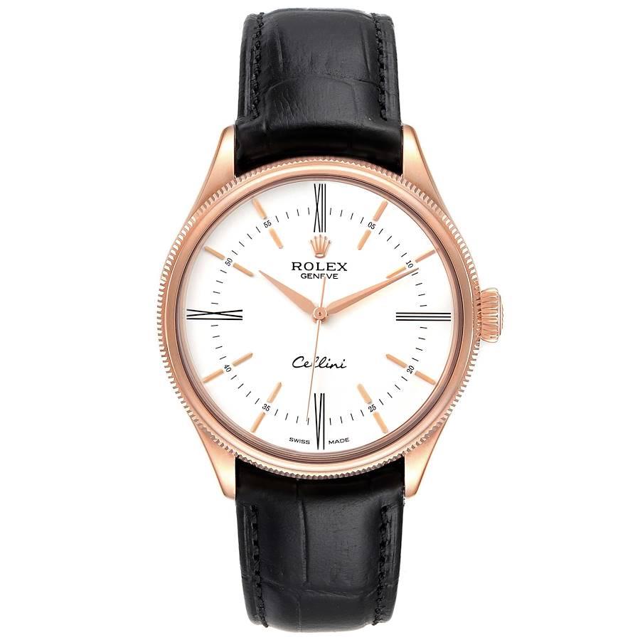 Rolex Cellini Time White Dial EveRose Gold Mens Watch 50505. Automatic self-winding movement. Officially certified Swiss chronometer (COSC). Paramagnetic blue Parachrom hairspring. Bidirectional self-winding via Perpetual rotor. 18K rose gold round