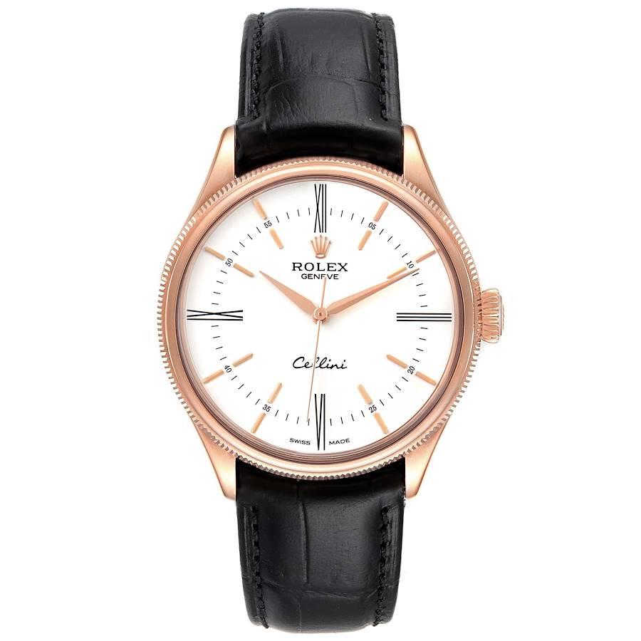 Rolex Cellini Time Weißes Zifferblatt EveRose Gold Herrenuhr 50505. Automatisches Uhrwerk mit Selbstaufzug. Offiziell zertifizierter Schweizer Chronometer (COSC). Paramagnetische blaue Parachrom-Spirale. Bidirektionaler Automatikaufzug über