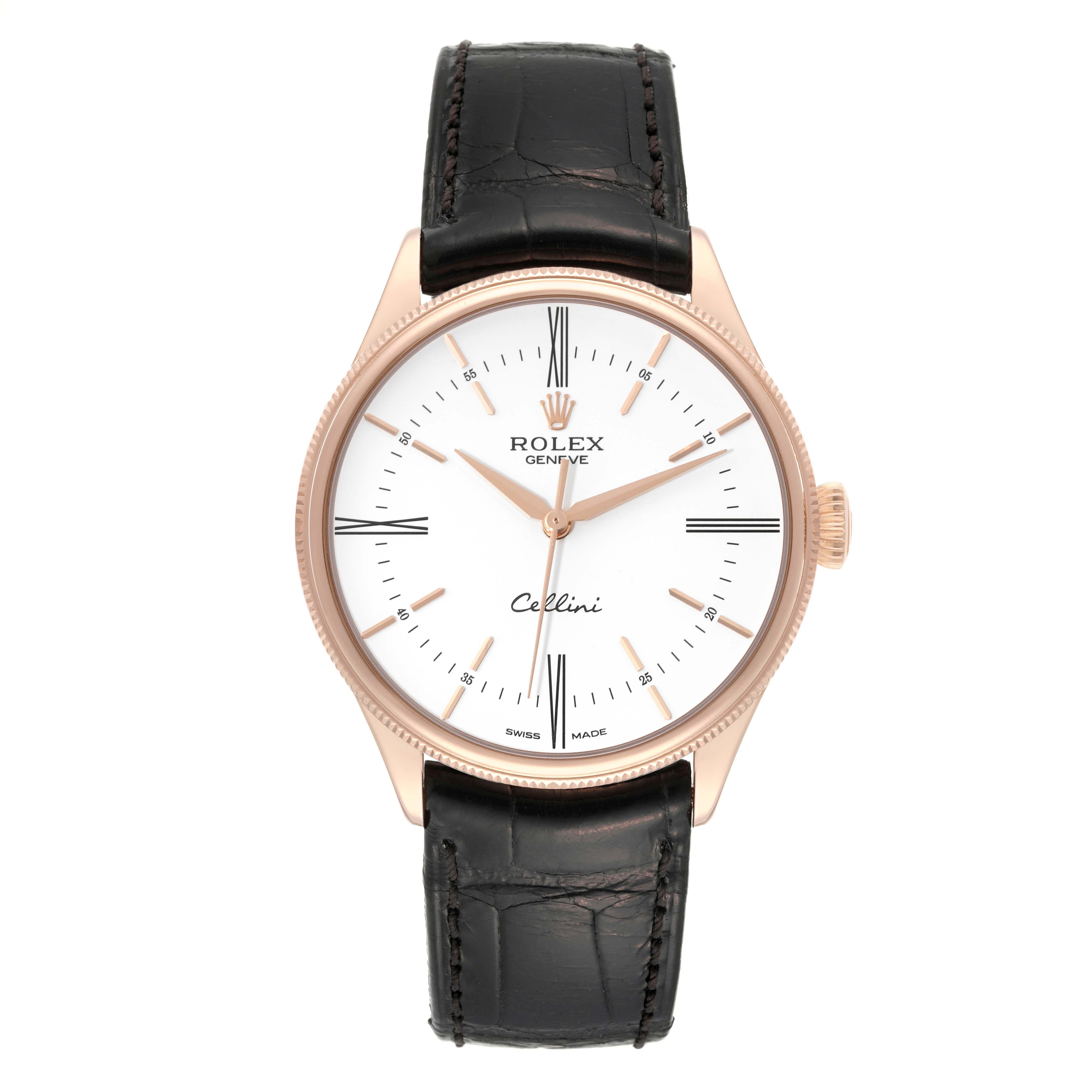 Rolex Cellini Time White Dial Rose Gold Mens Watch 50505 Box Card. Automatic self-winding movement. Officially certified Swiss chronometer (COSC). Paramagnetic blue Parachrom hairspring. Bidirectional self-winding via Perpetual rotor. 18K rose gold