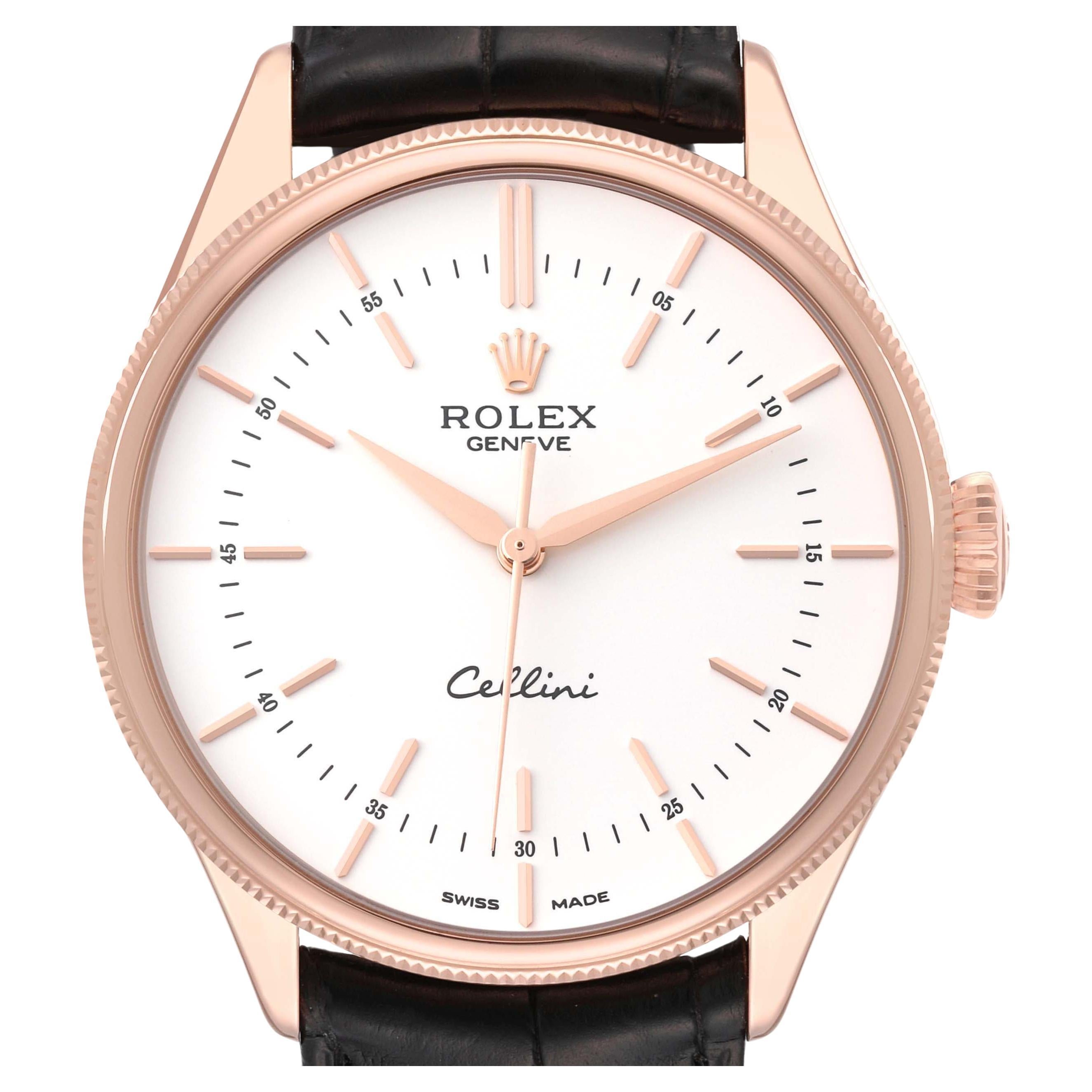 Rolex Cellini Time White Dial Rose Gold Mens Watch 50505