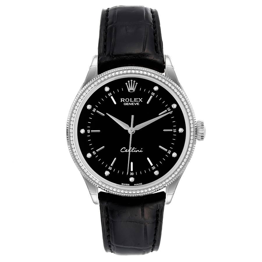 Rolex Cellini Time Weißgold Schwarzes Zifferblatt Diamant Lünette Herrenuhr 50609 Box Card. Automatisches Uhrwerk mit Selbstaufzug. Offiziell zertifizierter Schweizer Chronometer (COSC). Paramagnetische blaue Parachrom-Spirale. Bidirektionaler