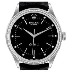 Rolex Cellini Time White Gold Black Dial Diamond Bezel Mens Watch 50609 Box Card