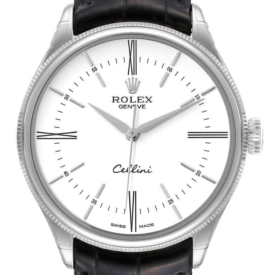 Rolex Cellini Time White Gold Dial Automatic Mens Watch 50509 Unworn. Automatic self-winding movement. Officially certified Swiss chronometer (COSC). Paramagnetic blue Parachrom hairspring. Bidirectional self-winding via Perpetual rotor. 18K white