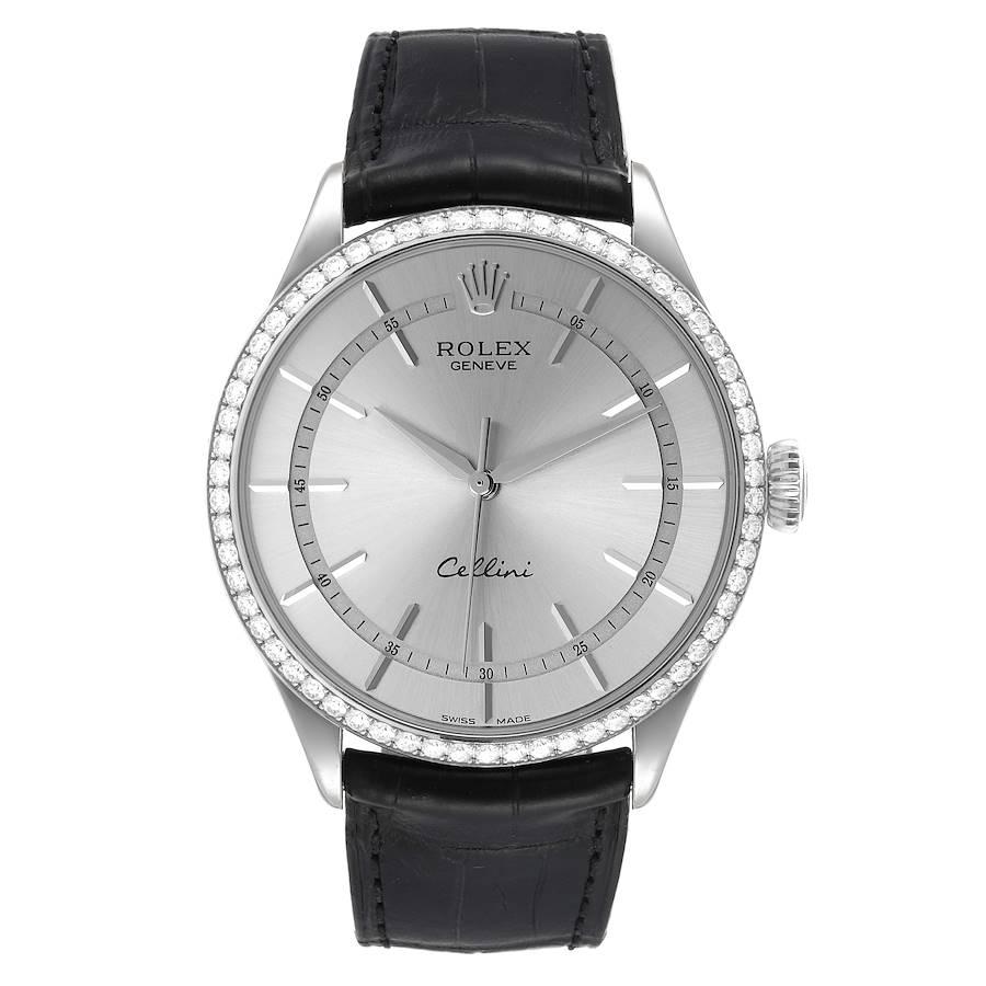 Rolex Cellini Time White Gold Diamond Automatic Mens Watch 50709 Box Card. Automatic self-winding movement. Officially certified Swiss chronometer (COSC). Paramagnetic blue Parachrom hairspring. Bidirectional self-winding via Perpetual rotor. 18K