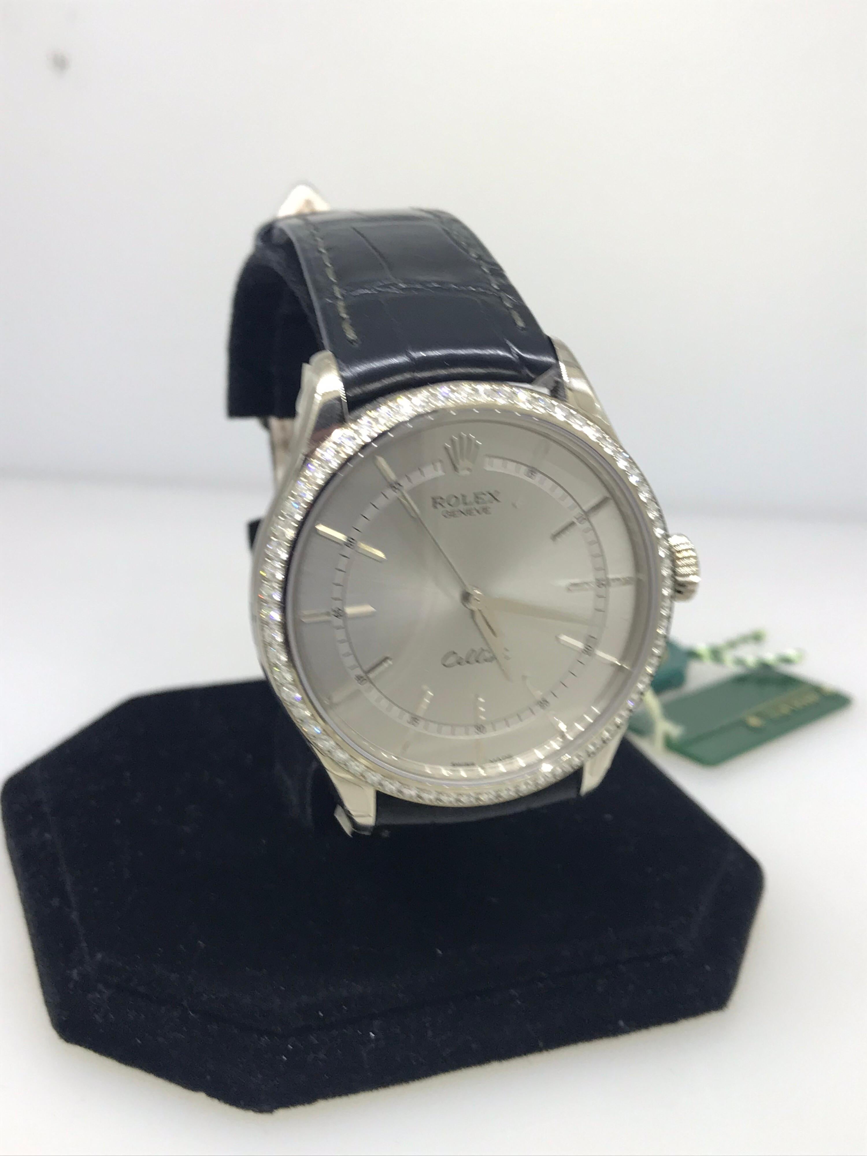 Rolex Cellini Time Men's Watch

Model Number: 50709RBR

100% Authentic

Brand New

Comes with original Rolex box, warranty card and instruction manual

18 Karat White Gold Case & Buckle

Diamond Bezel

Rhodium Dial

Index Hour Markers

Case