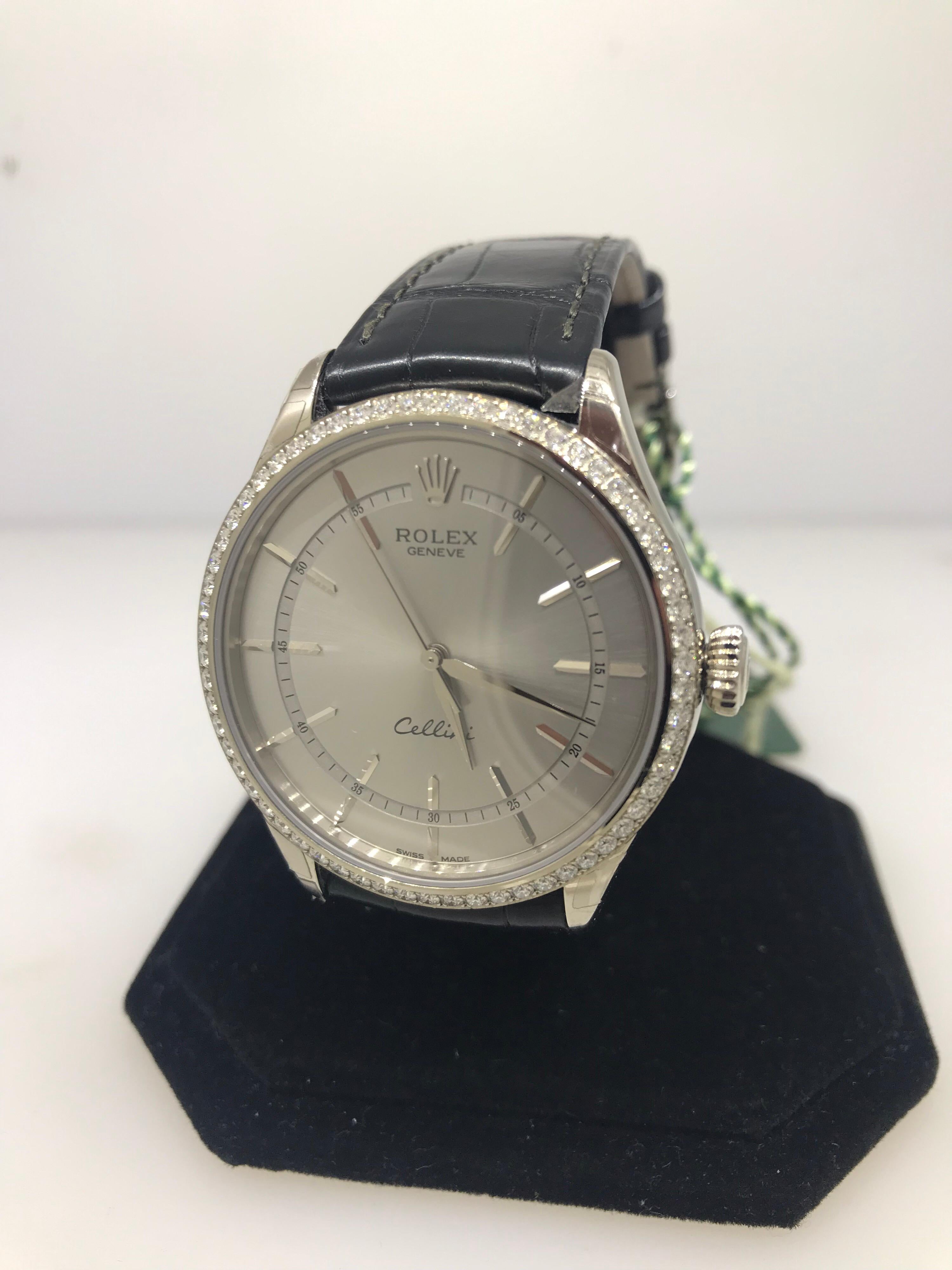 Rolex Cellini Time White Gold Diamond Bezel Rhodium Dial Mens Watch 50709RBR New In Excellent Condition For Sale In New York, NY