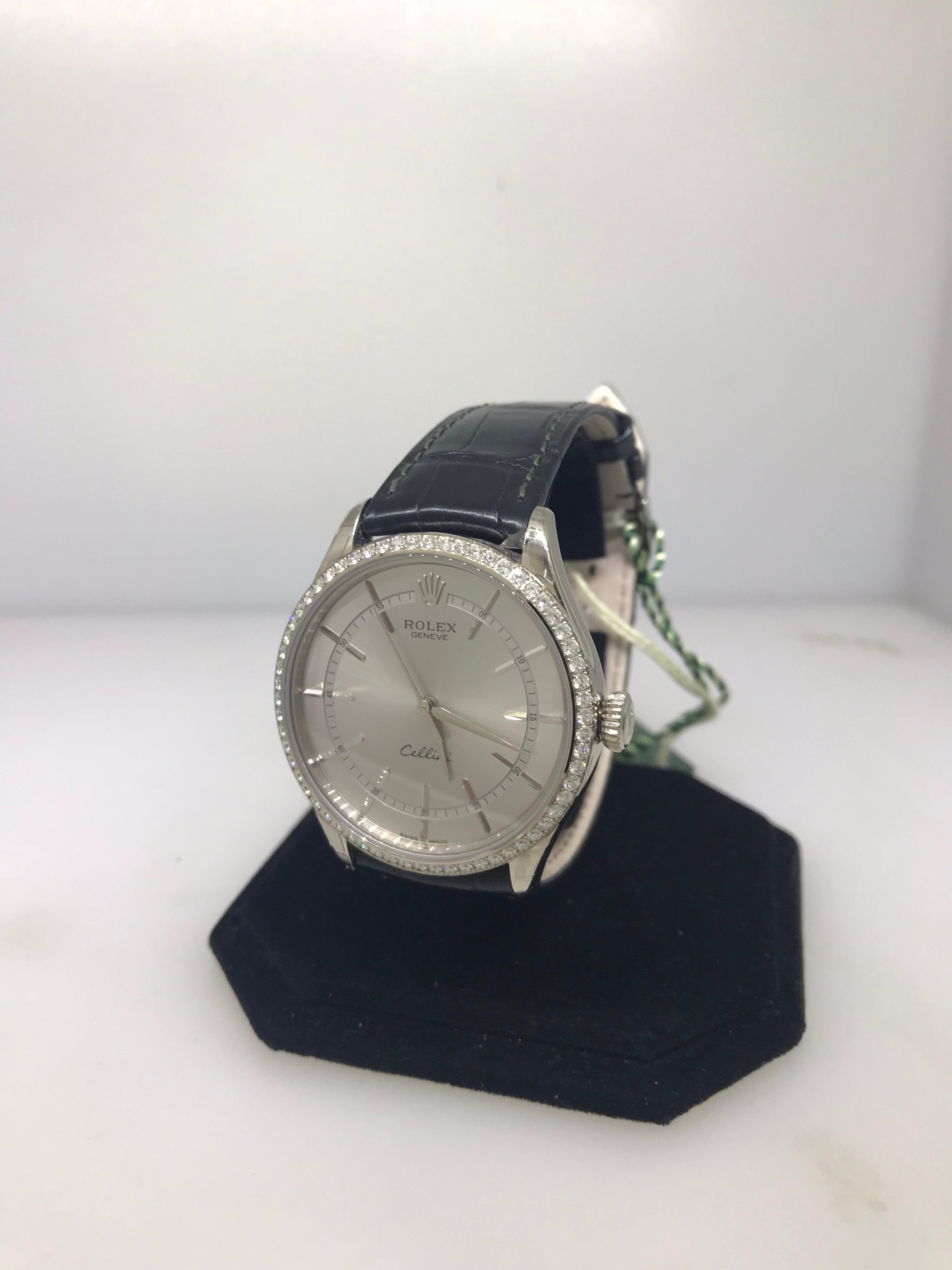 Men's Rolex Cellini Time White Gold Diamond Bezel Rhodium Dial Mens Watch 50709RBR New For Sale