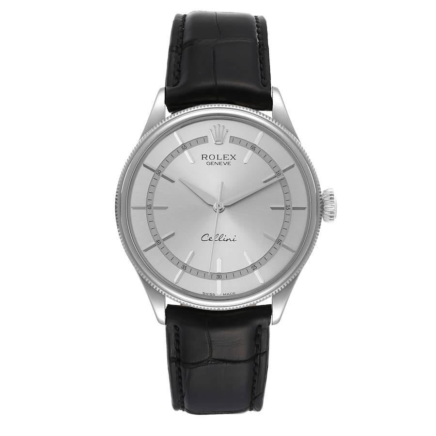 Reloj Rolex Cellini Time Oro Blanco Esfera Plateada Automático 50509. Movimiento automático de cuerda automática. Cronómetro suizo con certificación oficial (COSC). Espiral Parachrom azul paramagnética. Automático bidireccional mediante rotor