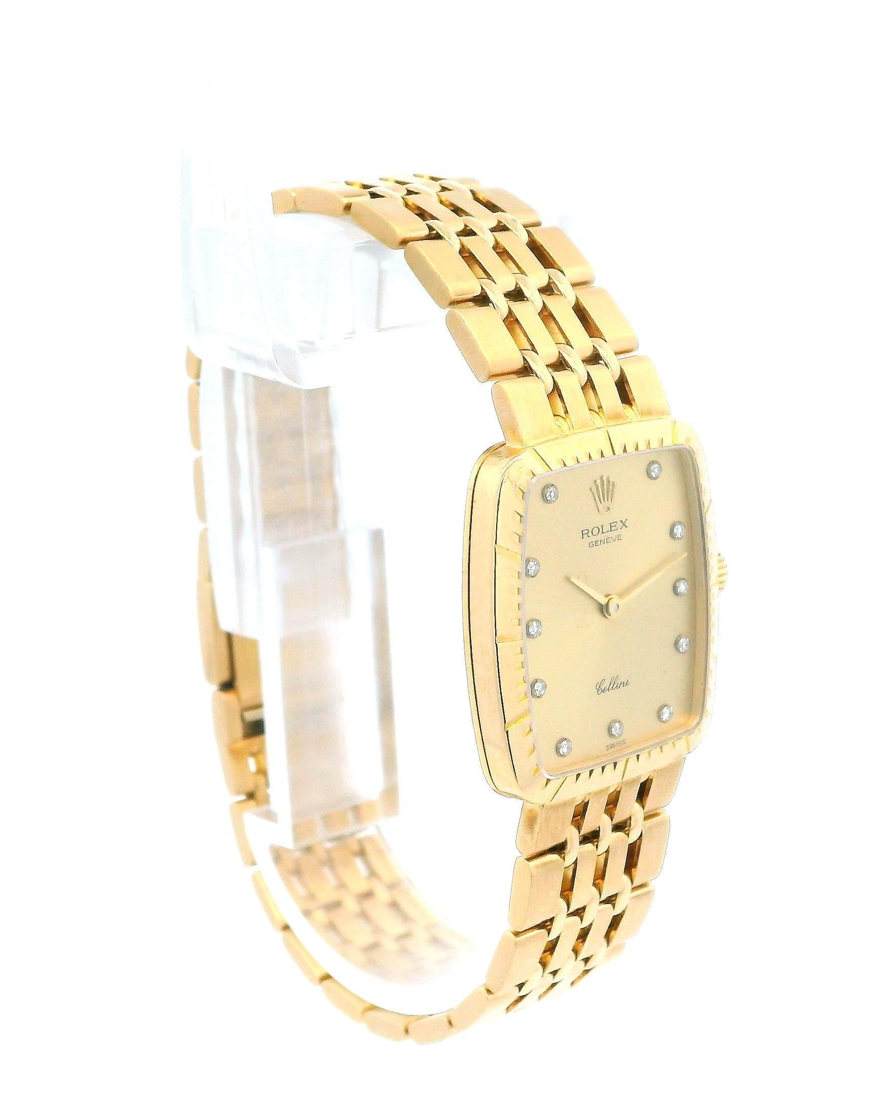 Rolex Cellini Tonneau 4080 Diamond Dial Flor Bar Link Bracelet W/Papers In Excellent Condition For Sale In Great Neck Plaza, NY