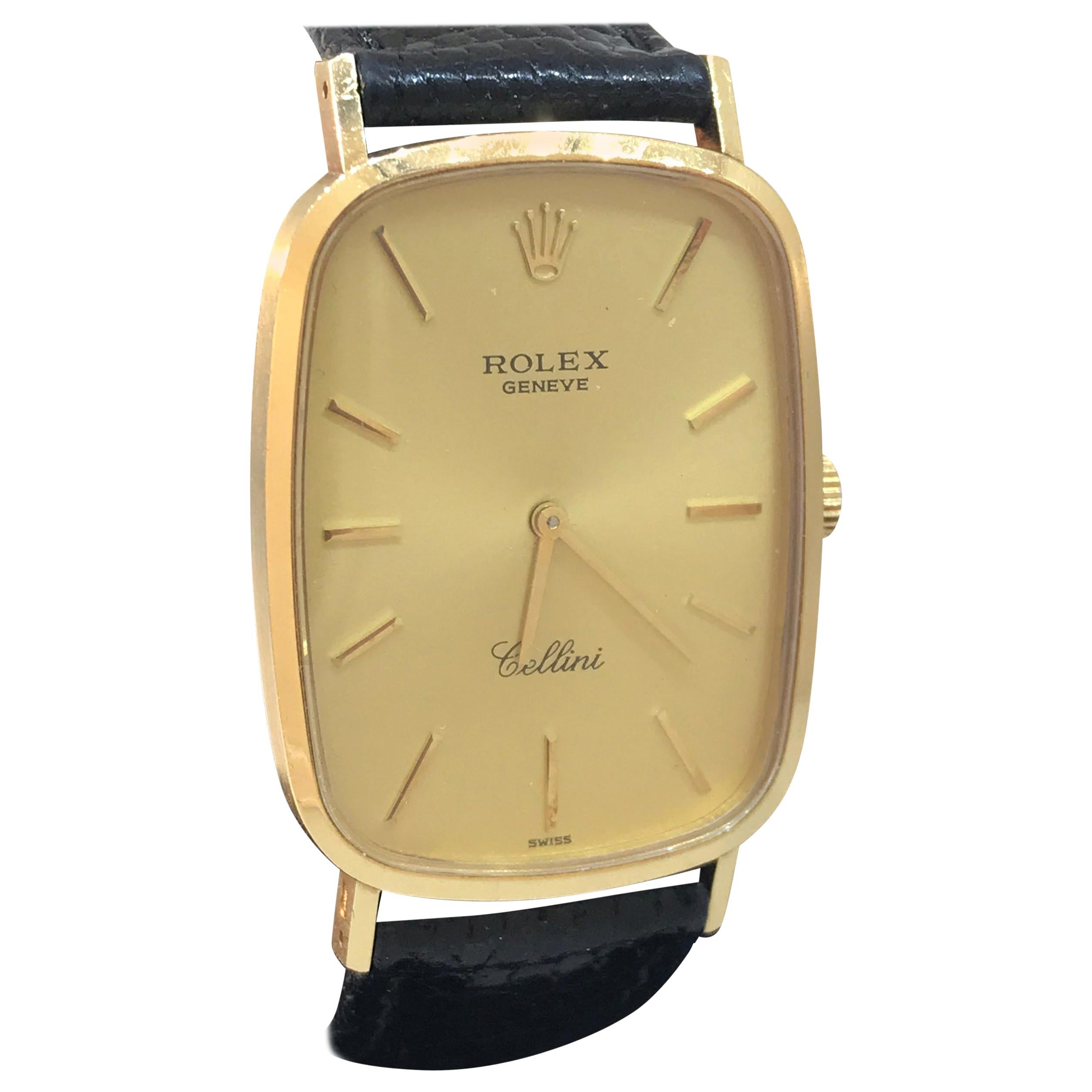 Rolex Cellini Vintage 18 Karat Yellow Gold Black Leather Band Men's Watch 4113 For Sale