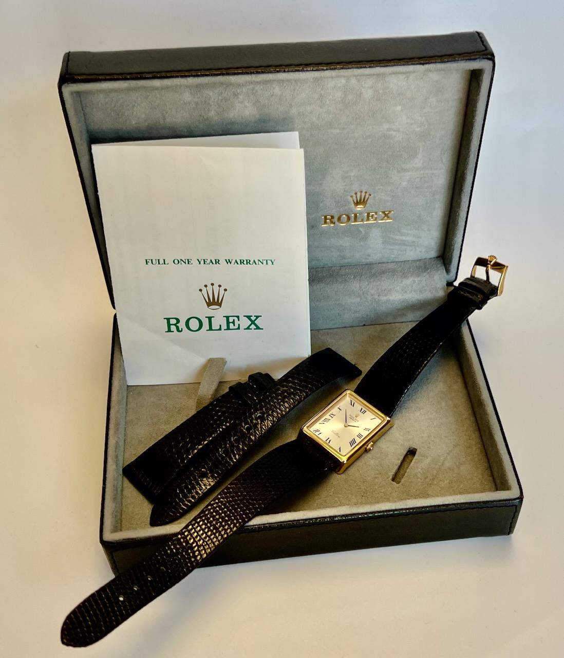 Brand: Rolex
Model Name:	Rolex Cellini Vintage 18k Yellow Gold 4105
Model Number: 4105
Original Box and Papers
Extra Leather Straps - Shorter Size
Gender: Men's
Movement: Original Rolex manually wind movement
Case: Original Rolex 18k yellow gold