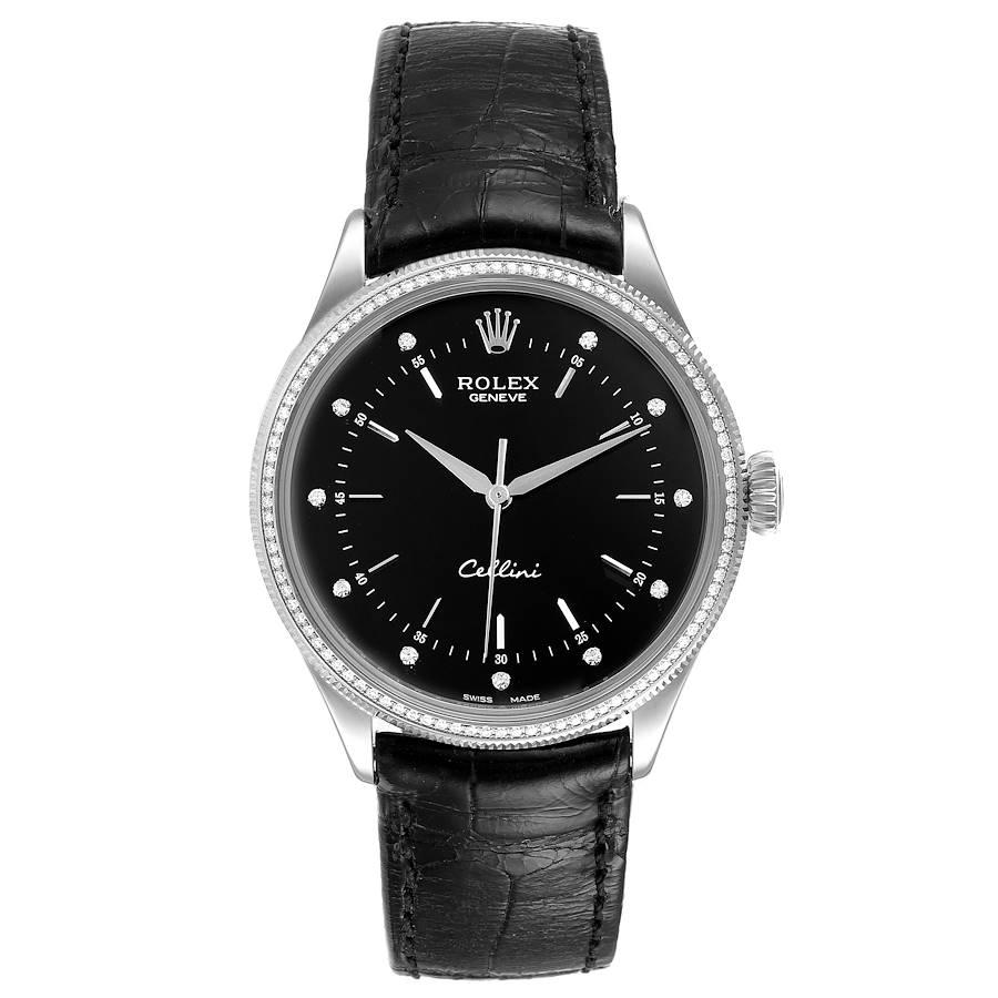 Rolex Cellini White Gold Black Dial Diamond Mens Watch 50609 Unworn. Automatic self-winding movement. Officially certified Swiss chronometer (COSC). Paramagnetic blue Parachrom hairspring. Bidirectional self-winding via Perpetual rotor. 18K white
