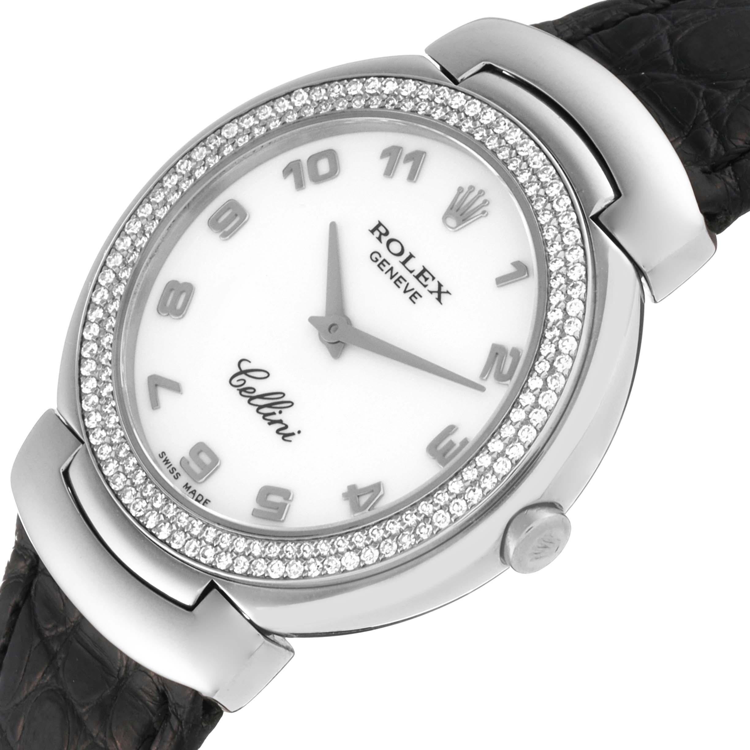 Rolex Cellini White Gold Black Strap Diamond Ladies Watch 6681 In Good Condition For Sale In Atlanta, GA
