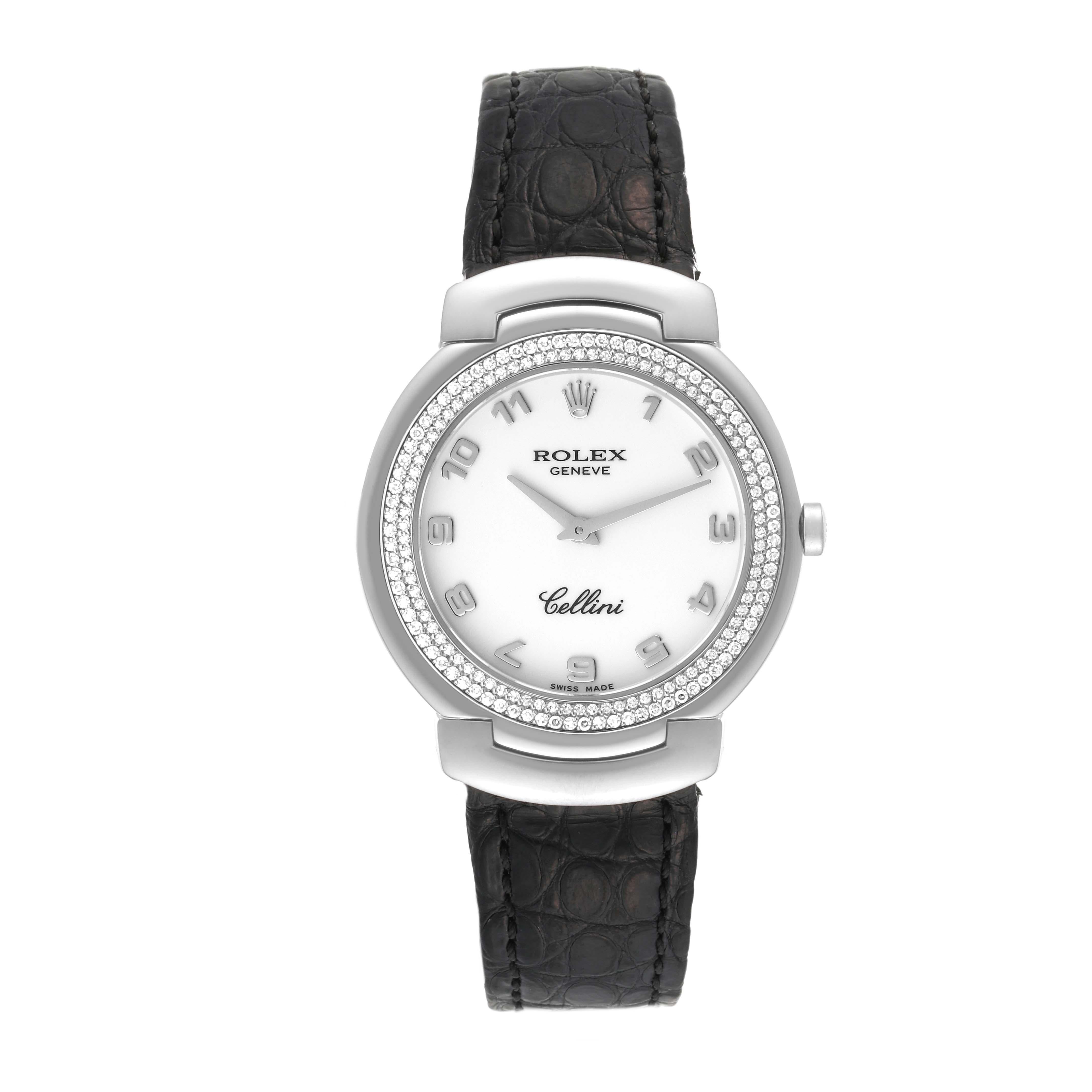 Women's Rolex Cellini White Gold Black Strap Diamond Ladies Watch 6681 For Sale