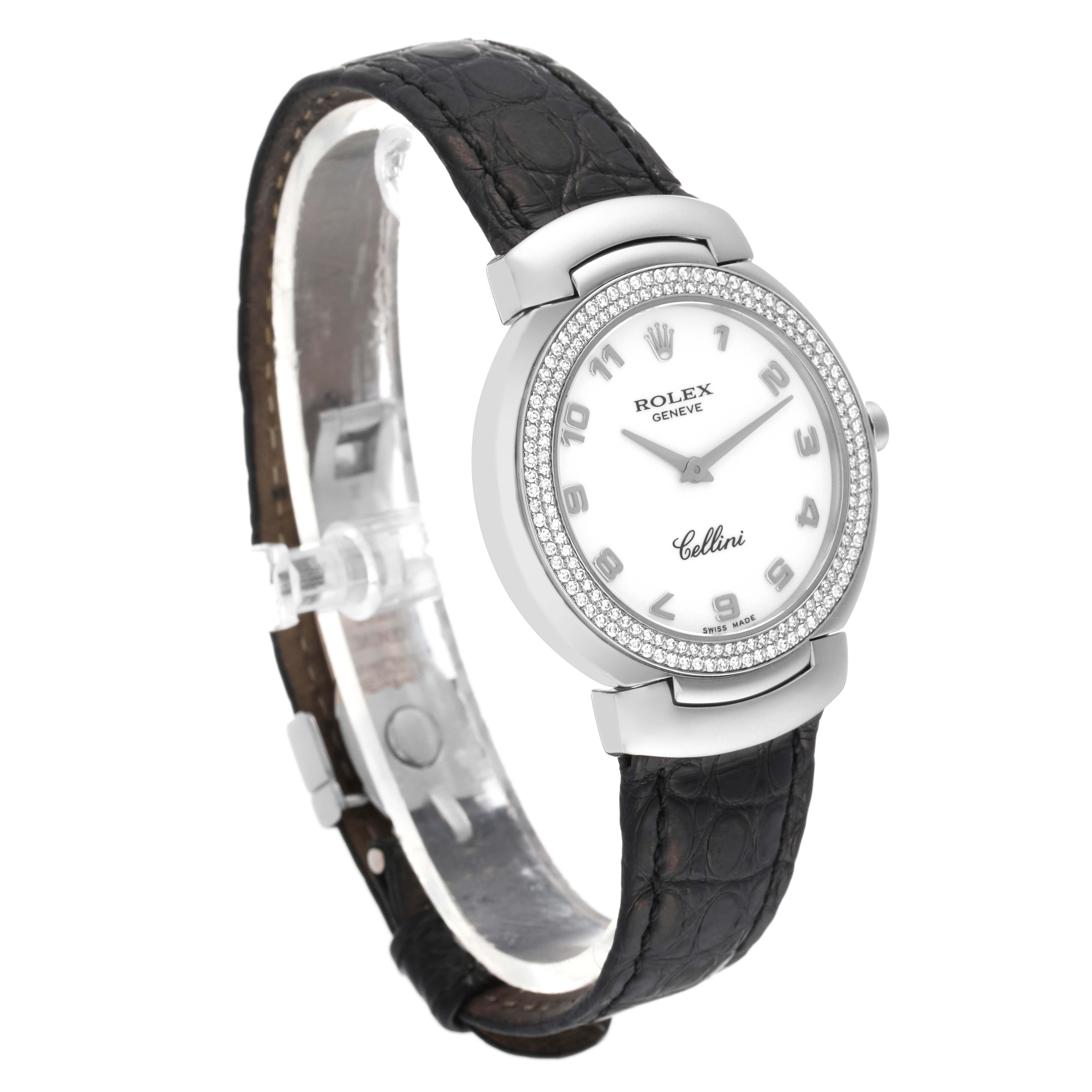 Rolex Cellini or blanc bracelet noir diamant montre femme 6681 en vente 3