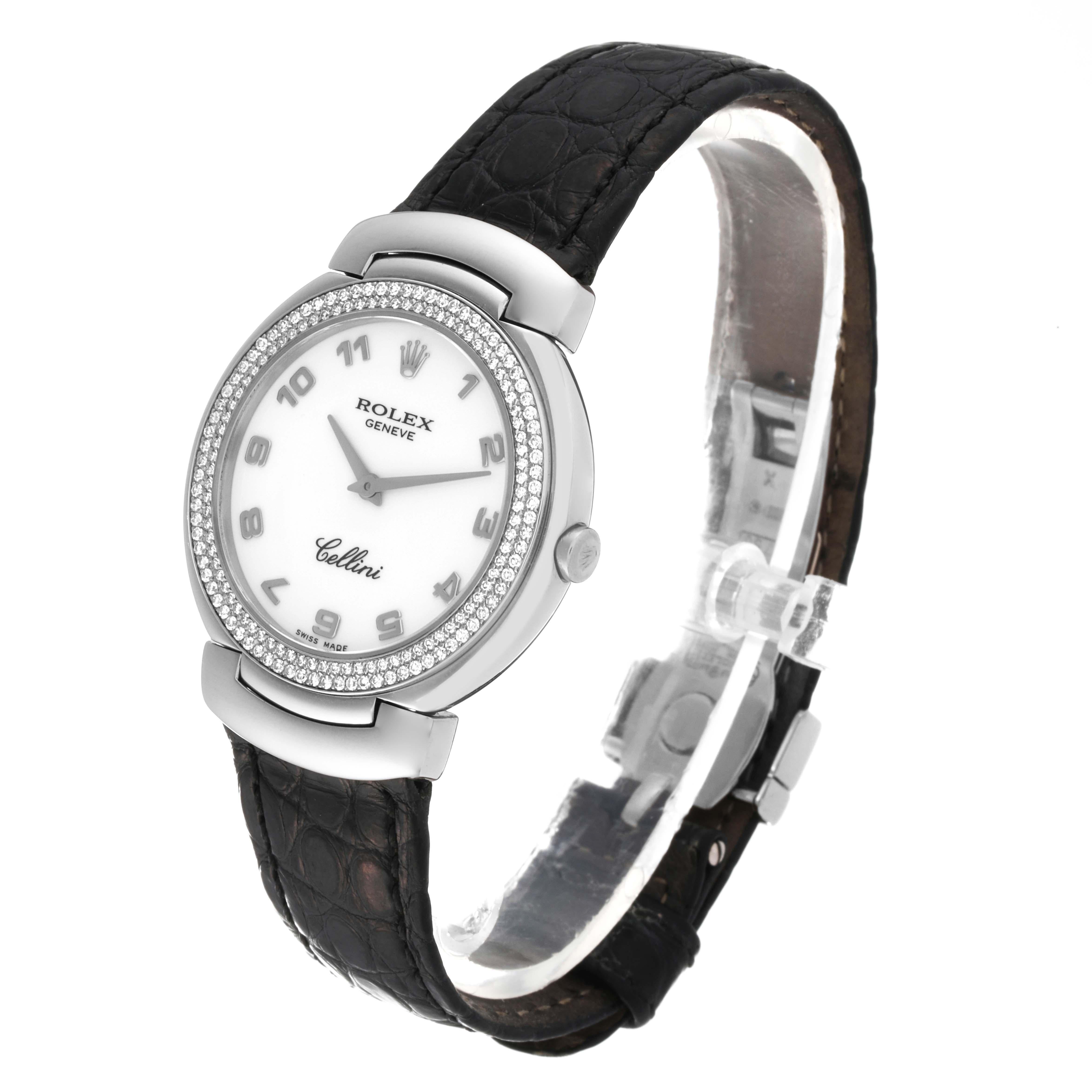 Rolex Cellini or blanc bracelet noir diamant montre femme 6681 en vente 4