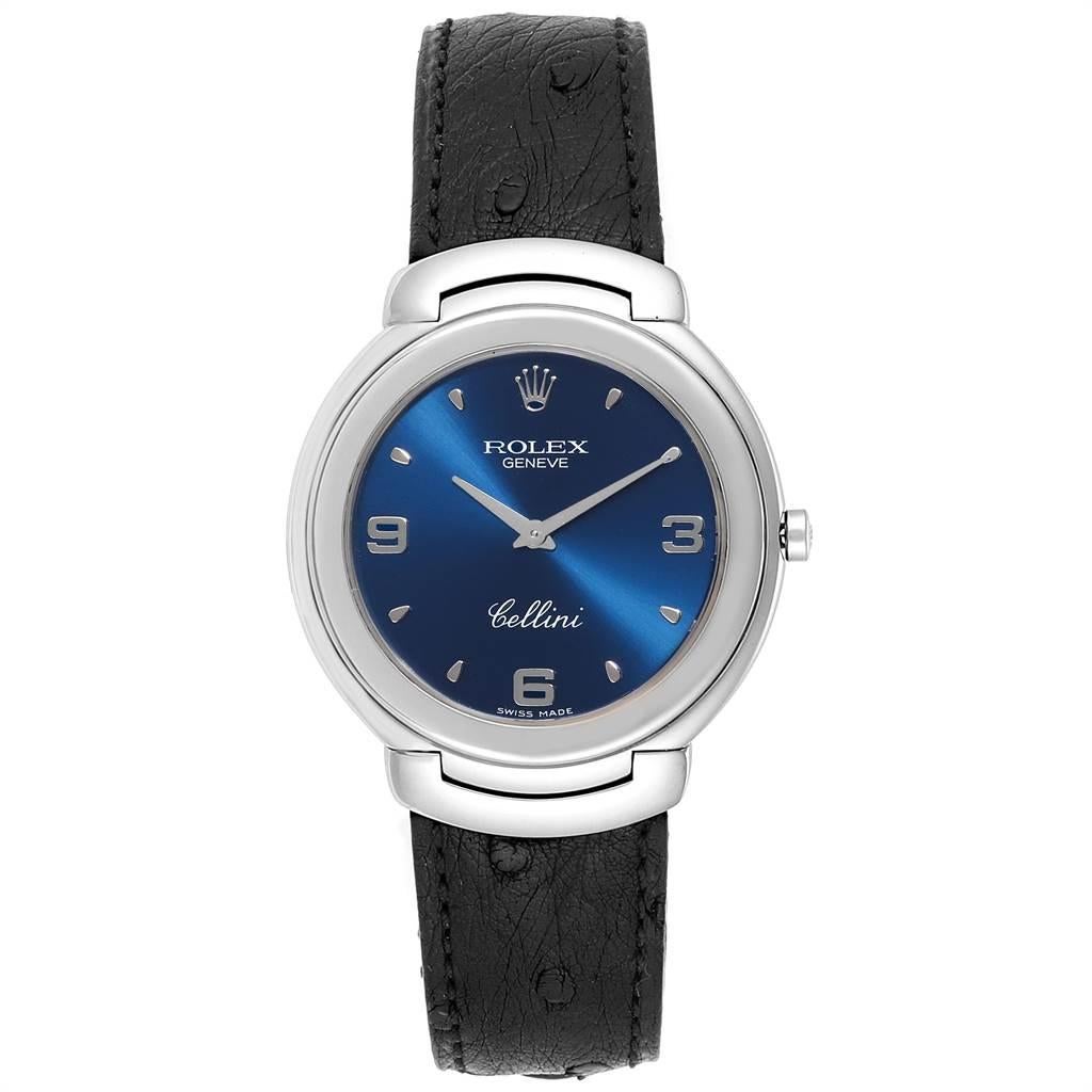 Rolex Cellini White Gold Blue Dial Black Strap Mens Watch 6623. Quartz movement. 18k white gold case 37.5mm. Rolex logo on a crown. Scratch resistant sapphire crystal. Blue dial with raised arabic numerals. Black ostrich leather strap with 18k white