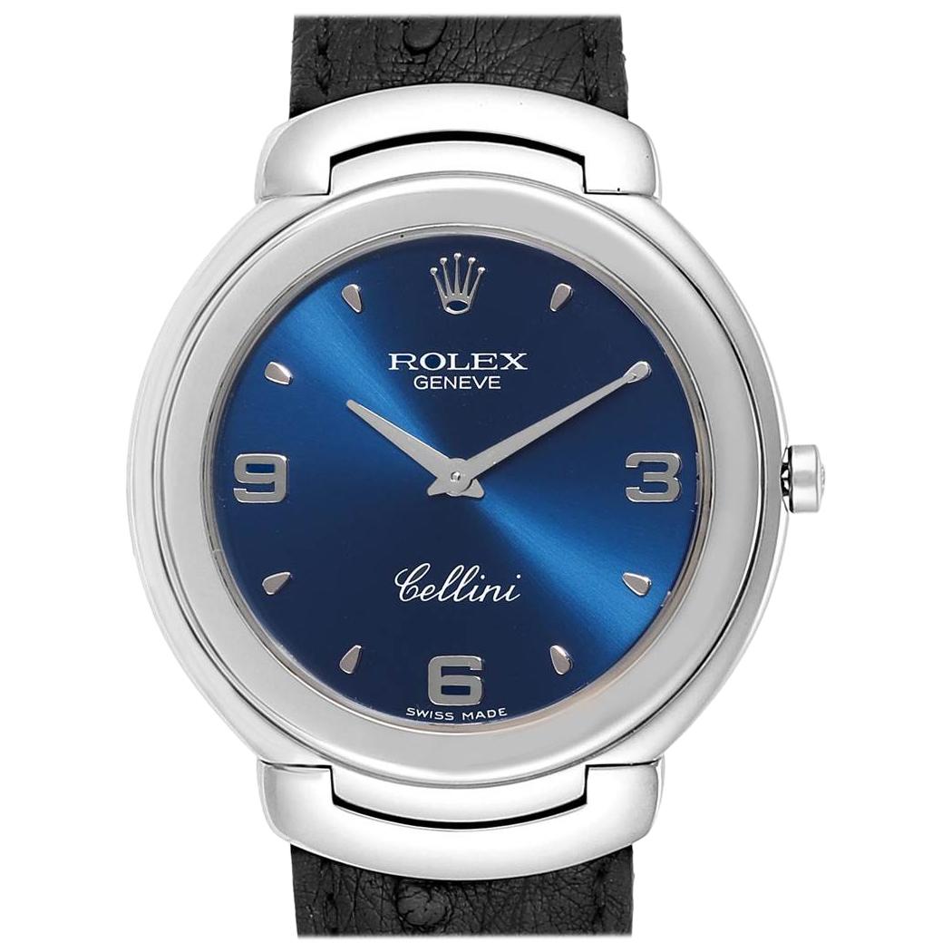 Rolex Cellini White Gold Blue Dial Black Strap Men's Watch 6623