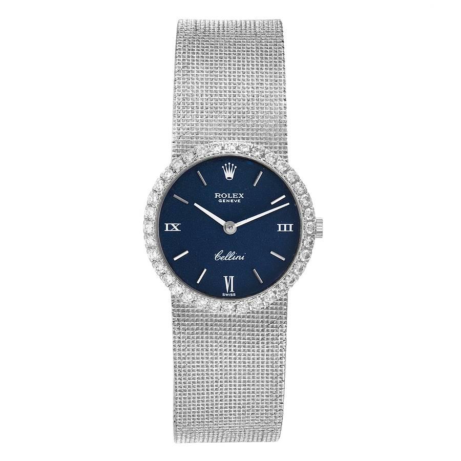 Rolex Cellini Weißgold Blau Zifferblatt Diamant Vintage Coctail Damenuhr 3812. Uhrwerk mit Handaufzug. 18k Weißgold rundes Gehäuse 24mm im Durchmesser. 18 Karat Weißgold Fabrik Diamant Lünette. Mineralglas-Kristall. Flaches Profil. Blaues