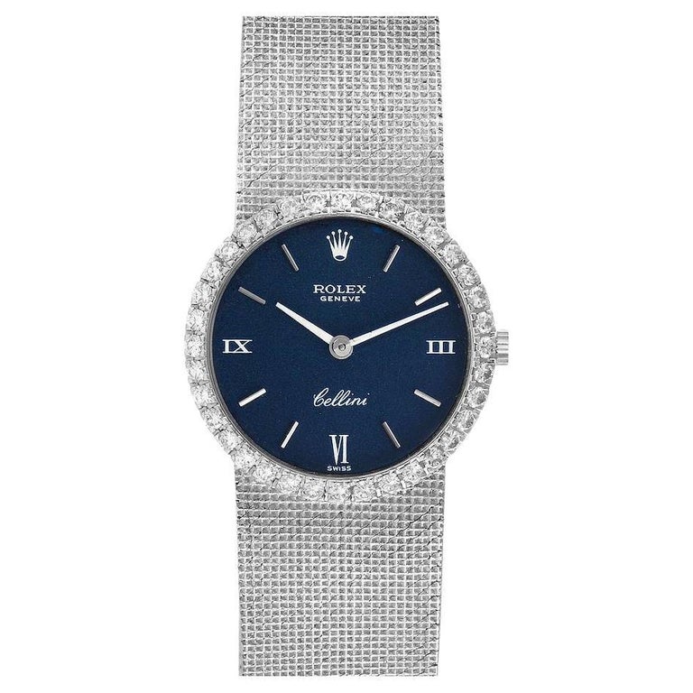 Rolex Cellini White Gold Blue Dial Diamond Vintage Coctail Ladies Watch  3812 For Sale at 1stDibs