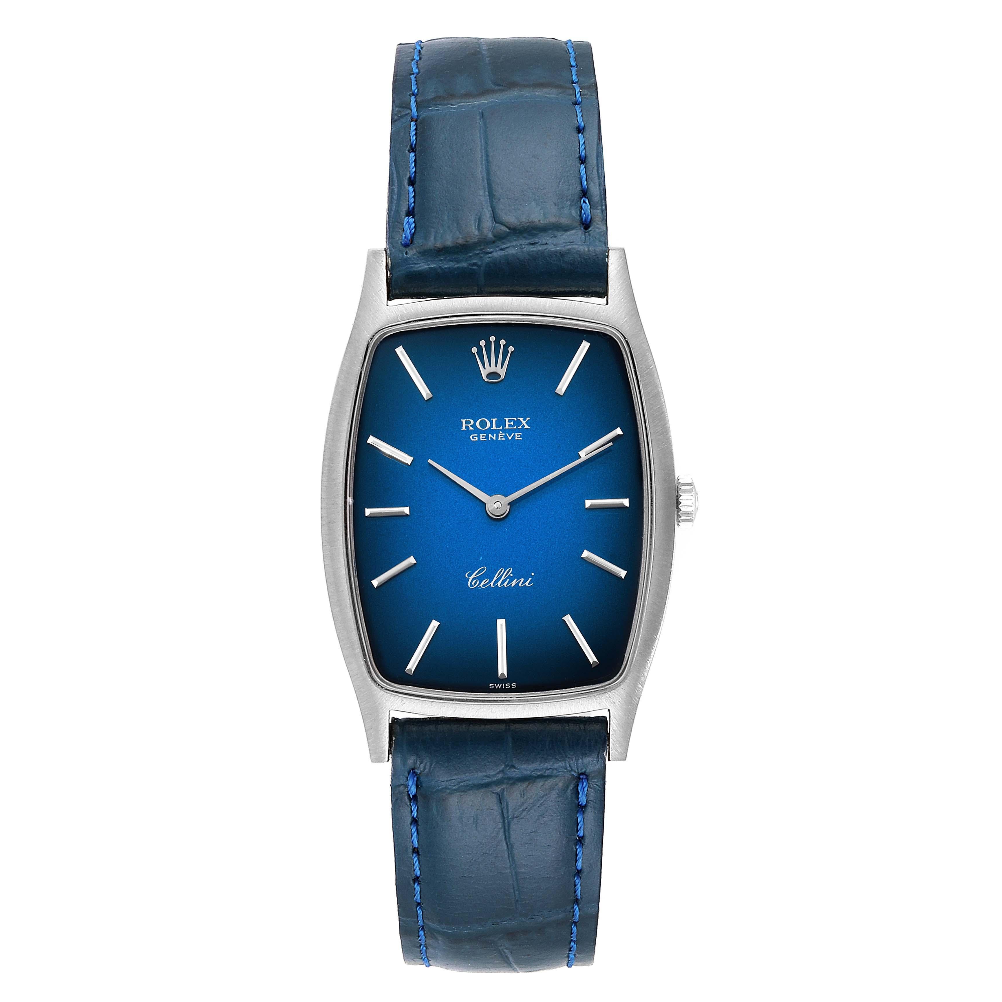 Rolex Cellini White Gold Blue Vignette Dial Vintage Ladies Watch 3807. Manual winding movement. 18k white gold tonneau shaped case 26.0 x 37.0 mm. Rolex logo on a crown. . Mineral glass crystal. Blue vignette dial with gold baton hour markers and