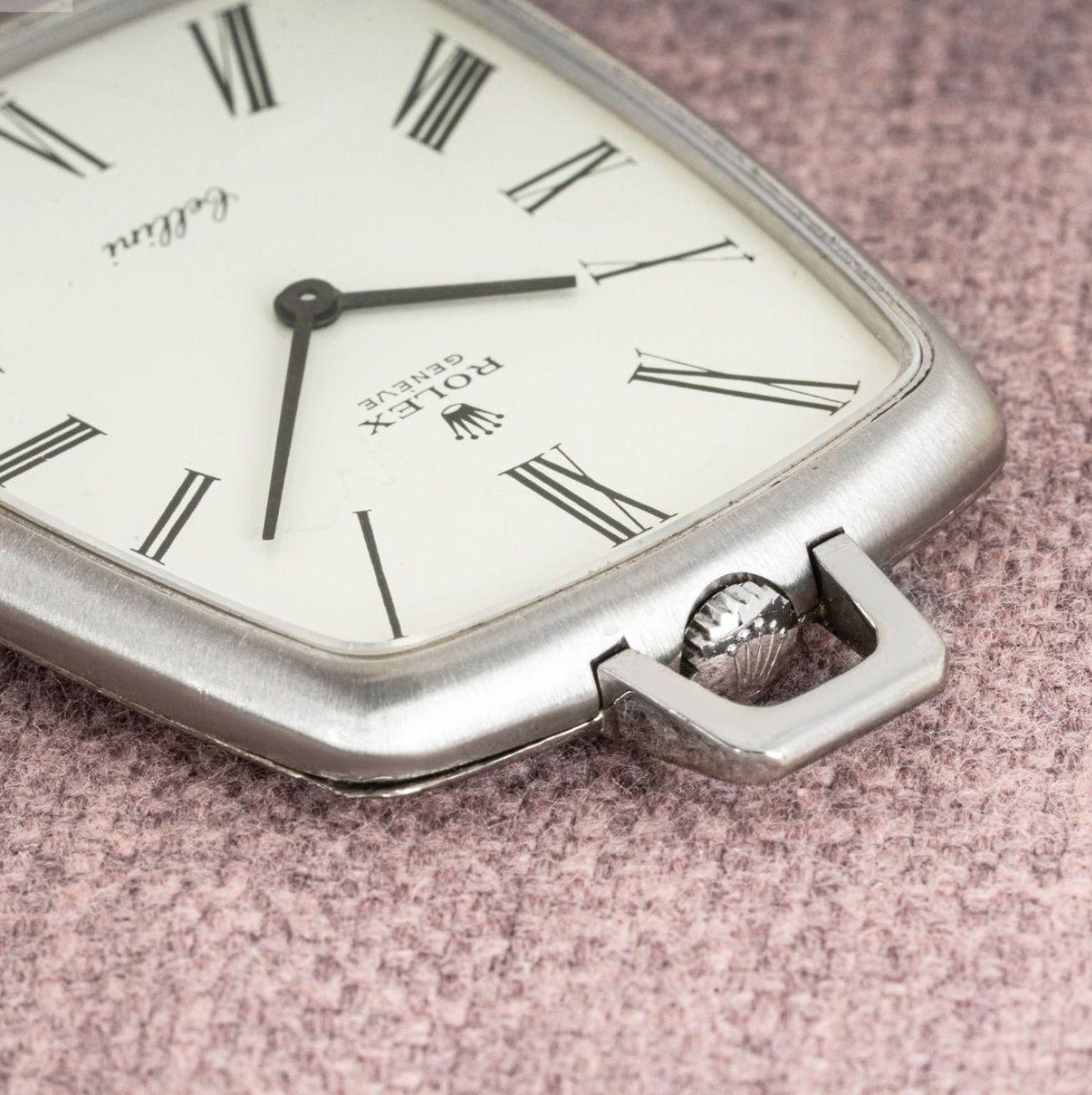 Rolex Cellini. A White Gold Keyless Lever Dress Open Face Pocket Watch C1970

Dial: The cream coloured dial with black Roman numerals fully signed Rolex Geneve and signed Cellini at six o'clock with black pointer hands.

Case: The 18ct white gold