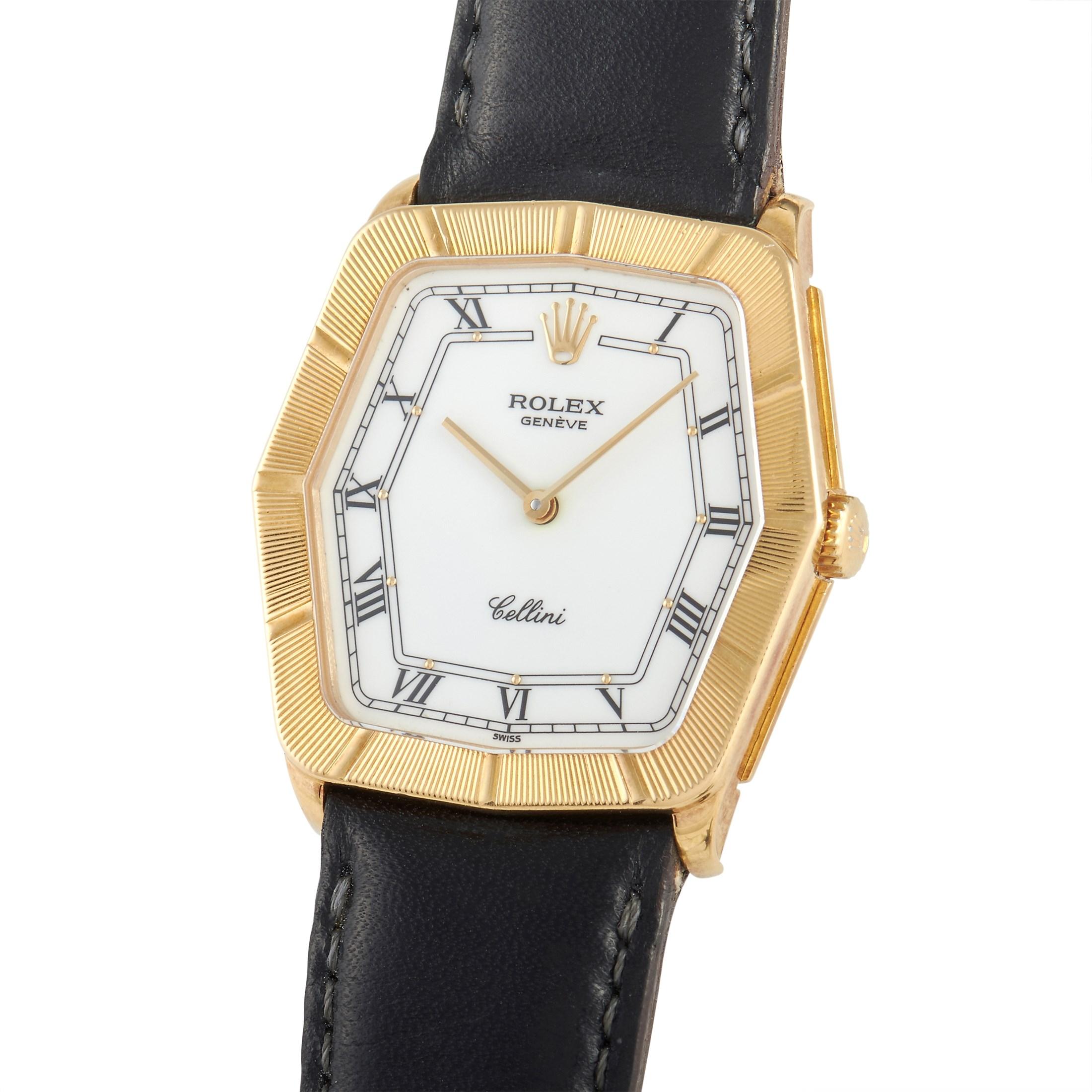 The Rolex Cellini Yellow Gold Watch, reference number 4170/8, possesses a certain sense of upscale sophistication. 

On this luxury timepiece, a hexagonal 31mm case crafted from 18K Yellow Gold is elegantly accented by a gold textured bezel. The