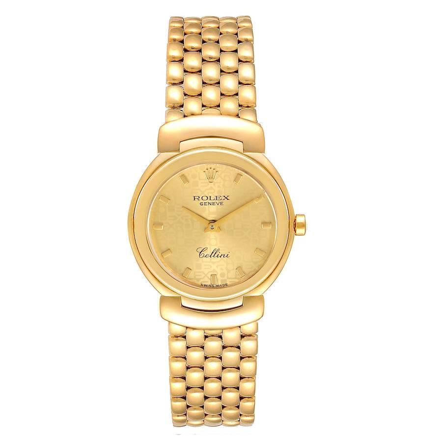 Rolex Cellini Yellow Gold Champagne Anniversary Dial Ladies Watch 6621. Quartz movement. 18k yellow gold case 26.0 mm. Rolex logo on a crown. . Scratch resistant sapphire crystal. Champagne jubilee anniversary dial with raised gold baton hour