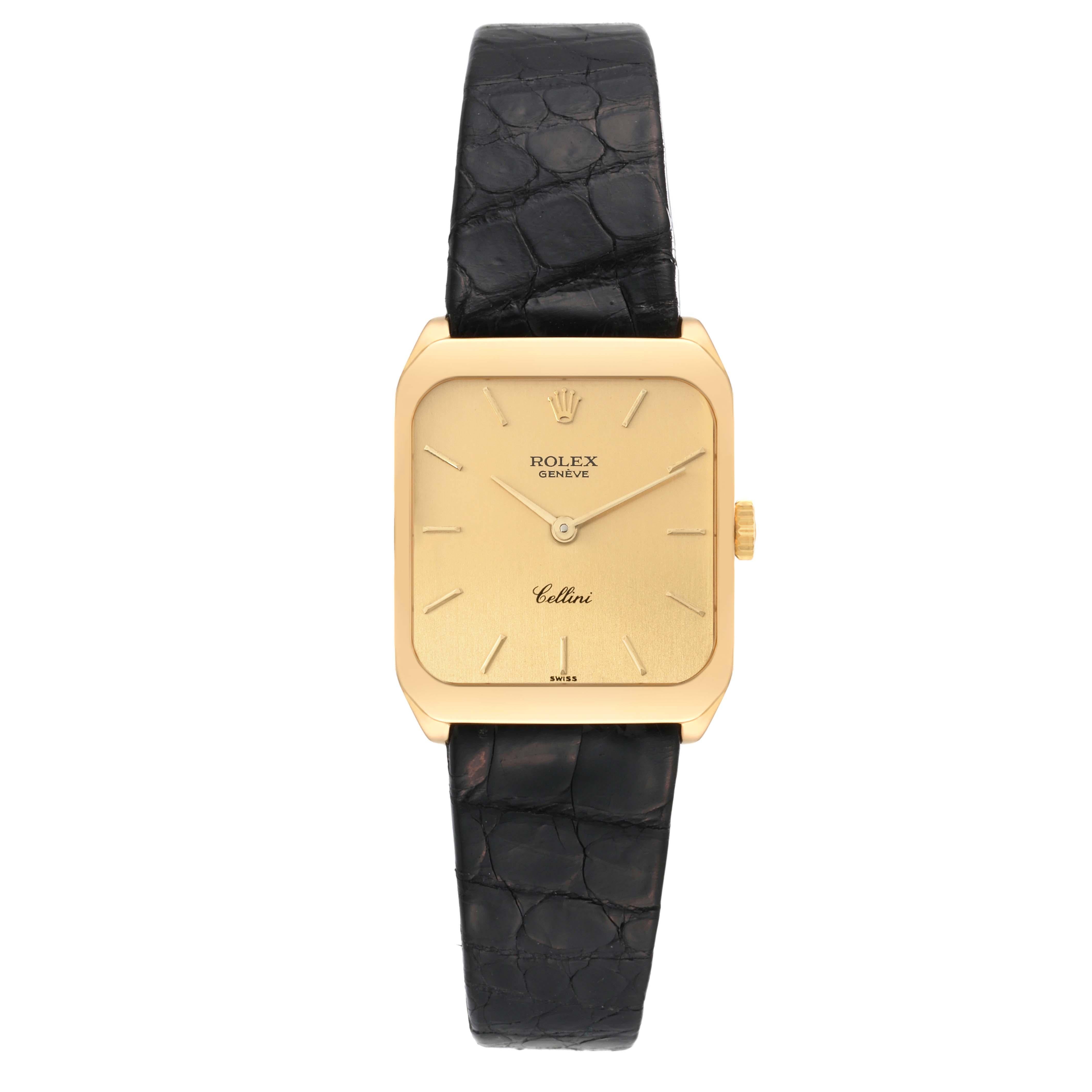 Rolex Cellini Yellow Gold Champagne Dial Mens Vintage Watch 4131 Papers. Manual winding movement. 18k yellow gold rectangular case 24 x 26.5 mm. Rolex logo on the crown. . Acrylic crystal. Champagne dial with raised yellow gold baton hour markers