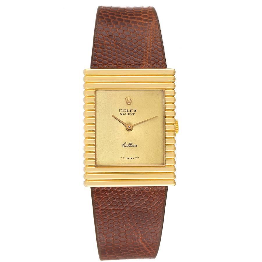 Rolex Cellini Yellow Gold Champagne Dial Vintage Mens Watch 4012 Papers. Manual winding movement. Straight-line lever escapement, monometallic balance, shock absorber, selfcompensating flat balance spring. 18k yellow gold rectangular case 25.5 x 32