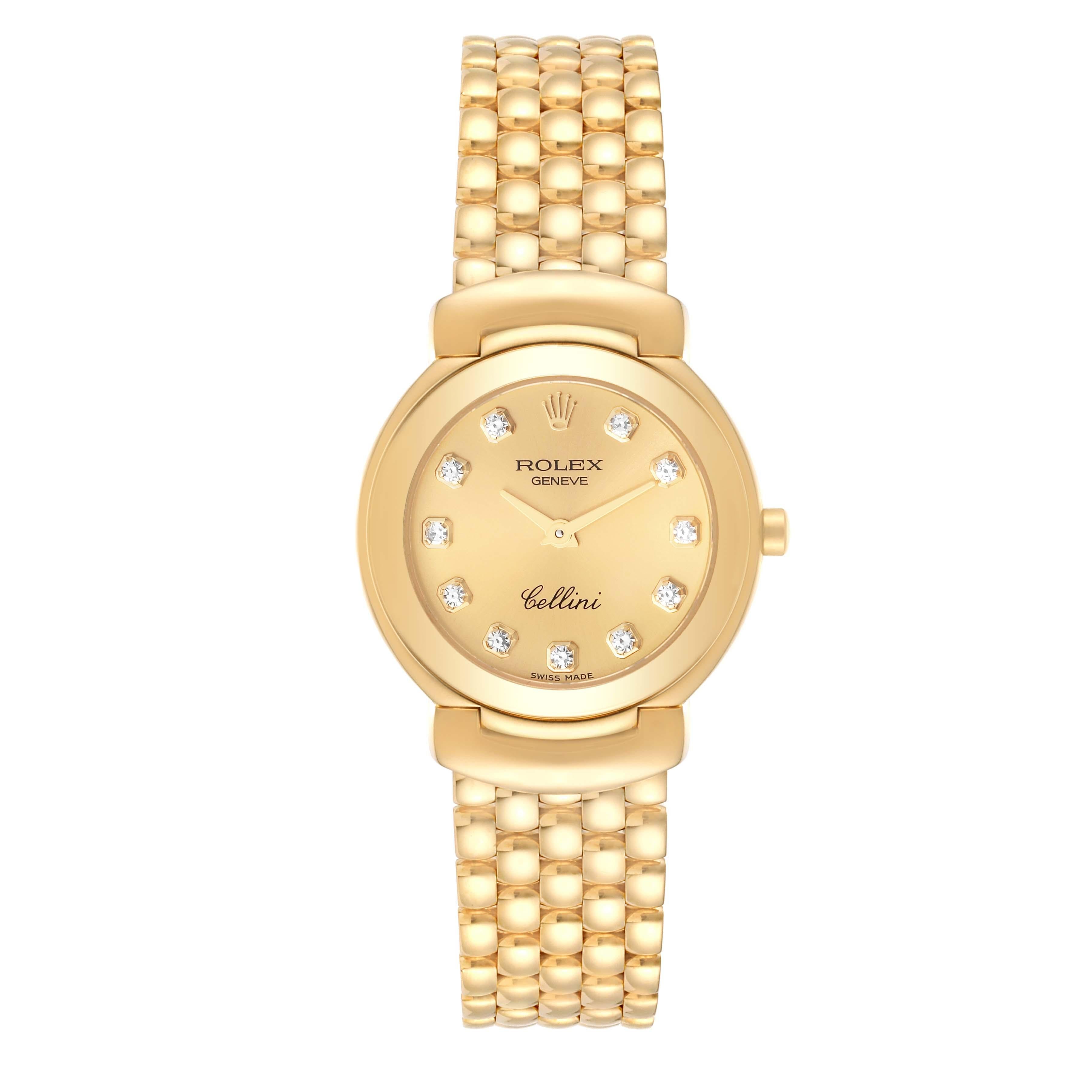 Rolex Cellini Yellow Gold Champagne Diamond Dial Ladies Watch 6621. Quartz movement. 18k yellow gold case 26.0 mm. Rolex logo on the crown. . Scratch resistant sapphire crystal. Champagne dial with original Rolex factory diamond hour markers. 18k