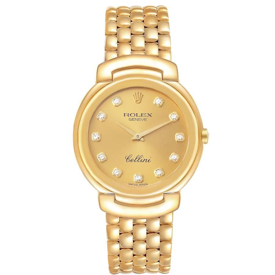 Rolex Cellini Yellow Gold Champagne Diamond Dial Mens Watch 6622. Quartz movement. 18k yellow gold case 33mm. Rolex logo on a crown. . Scratch resistant sapphire crystal. Champagne dial with original Rolex factory diamond hour marker. 18k yellow