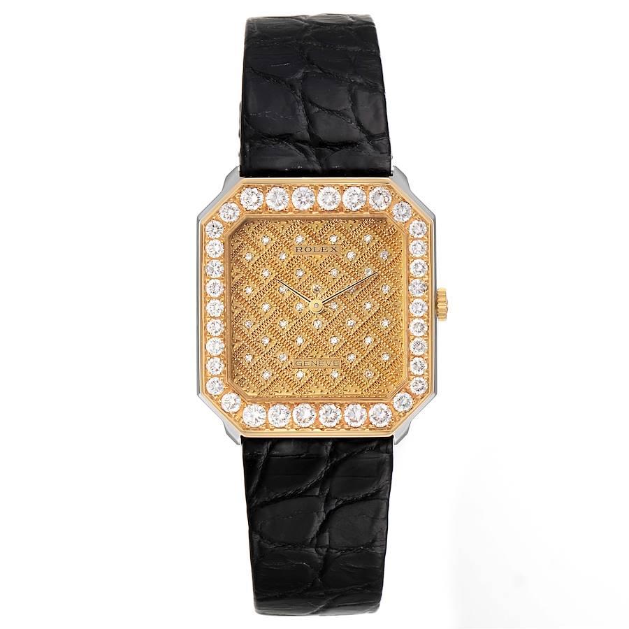 Rolex Cellini Yellow Gold Diamond Vintage Mens Watch 5032. Manual winding movement. 18k yellow and white gold case 30.5 x 28.5 mm. Original Rolex factory diamond bezel. Scratch resistant sapphire crystal. Champagne texured dial set with original