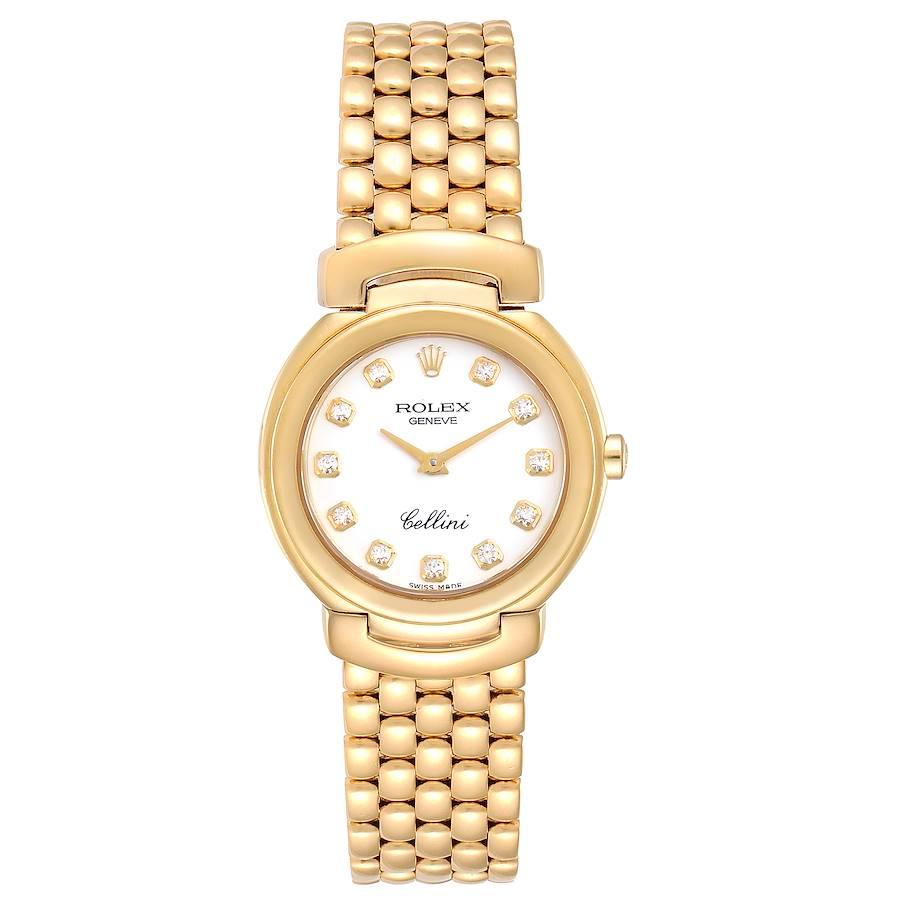 Rolex Cellini Yellow Gold Ladies Watch 6621 Box Papers. Quartz movement. 18k yellow gold case 26.0 mm. Rolex logo on a crown. . Scratch resistant sapphire crystal. White dial with diamond hour markers. 18k yellow gold bracelet deployent buckle. Fits