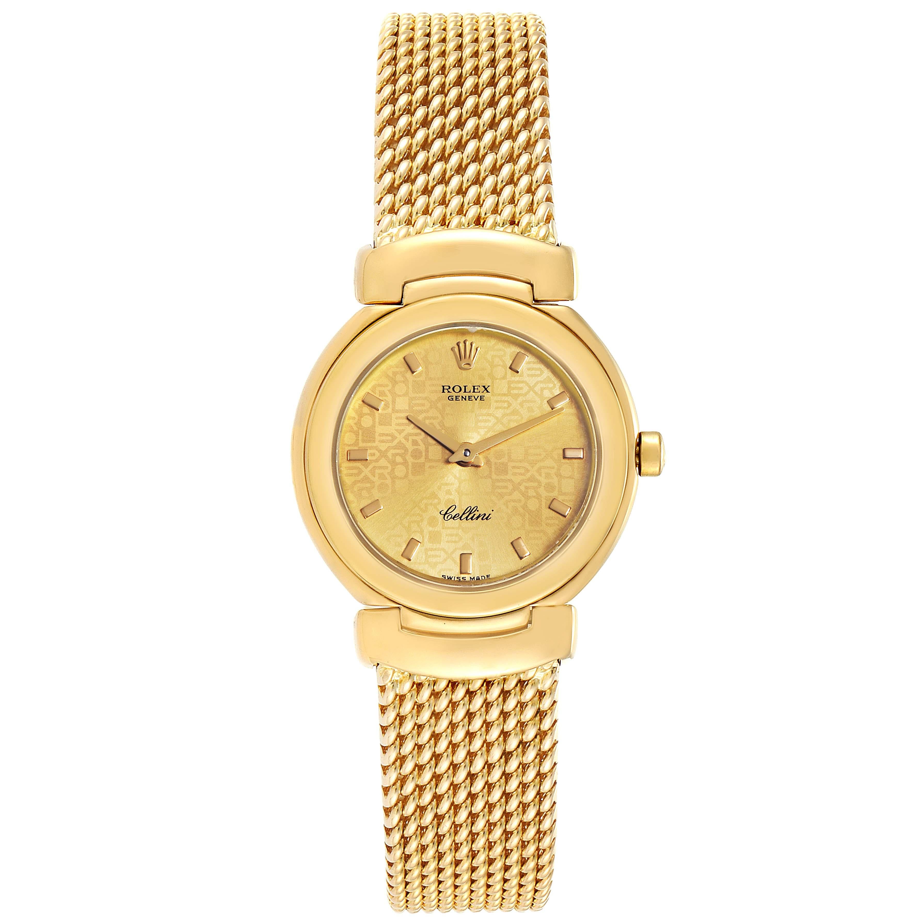 Rolex Cellini Yellow Gold Mesh Bracelet Ladies Watch 6621 Box Papers. Quartz movement. 18k yellow gold case 26.0 mm. Rolex logo on a crown. . Scratch resistant sapphire crystal. Champagne jubilee anniversary dial with raised gold baton hour markers.