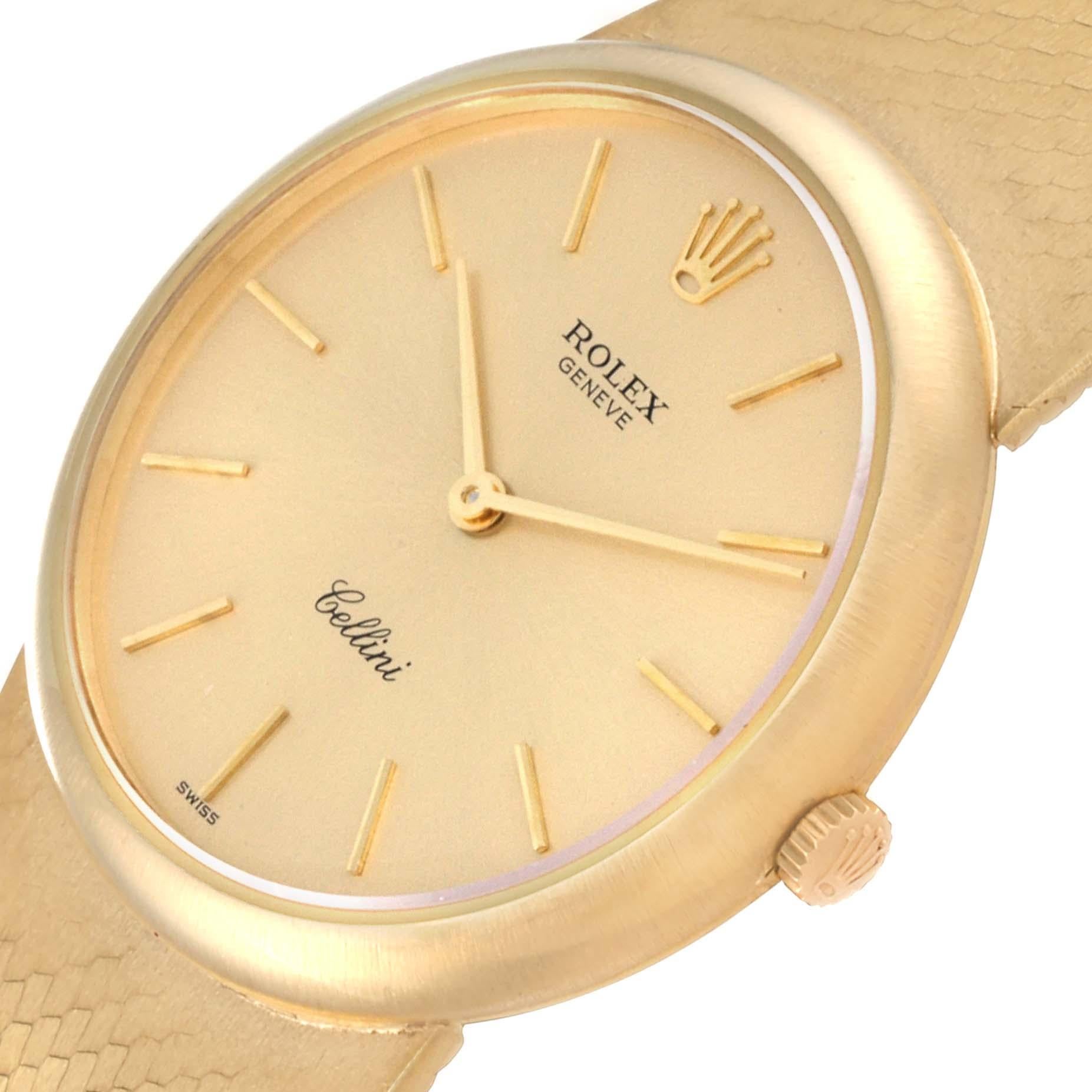 Rolex Cellini Yellow Gold Vintage Ladies Watch 653. Manual winding movement. 14k yellow gold round case 30.5 mm in diameter. . Scratch resistant sapphire crystal. Champagne dial with raised gold baton hour markers. 14k yellow gold integrated