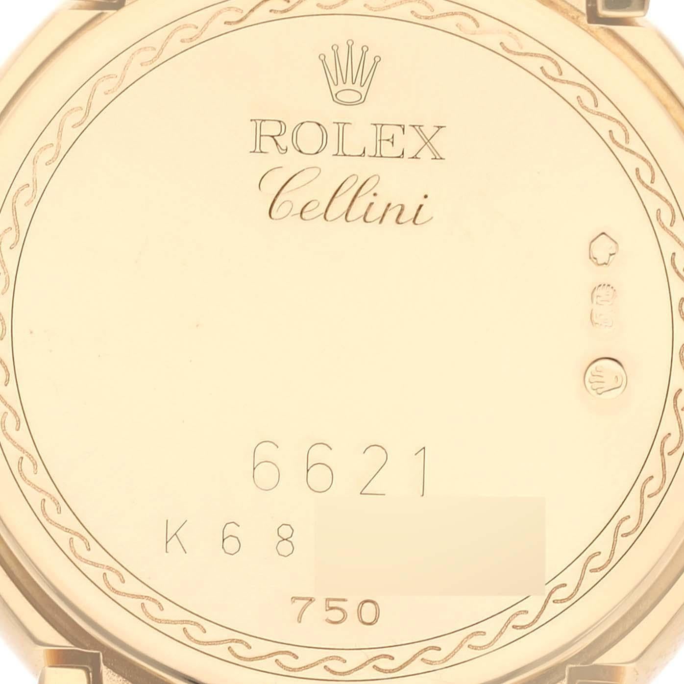 Rolex Cellini Yellow Gold White Diamond Dial Ladies Watch 6621. Quartz movement. 18k yellow gold case 26.0 mm. Rolex logo on the crown. . Scratch resistant sapphire crystal. White dial with original Rolex factory diamond hour markers. 18k yellow