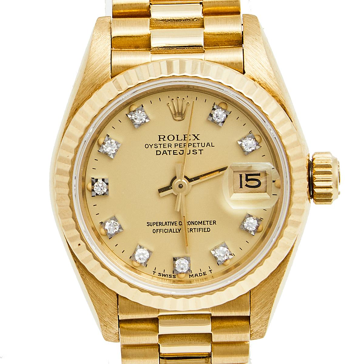 Rolex Champagne 18K Gold Diamond President Datejust Women's Wristwatch 26MM In Good Condition In Dubai, Al Qouz 2