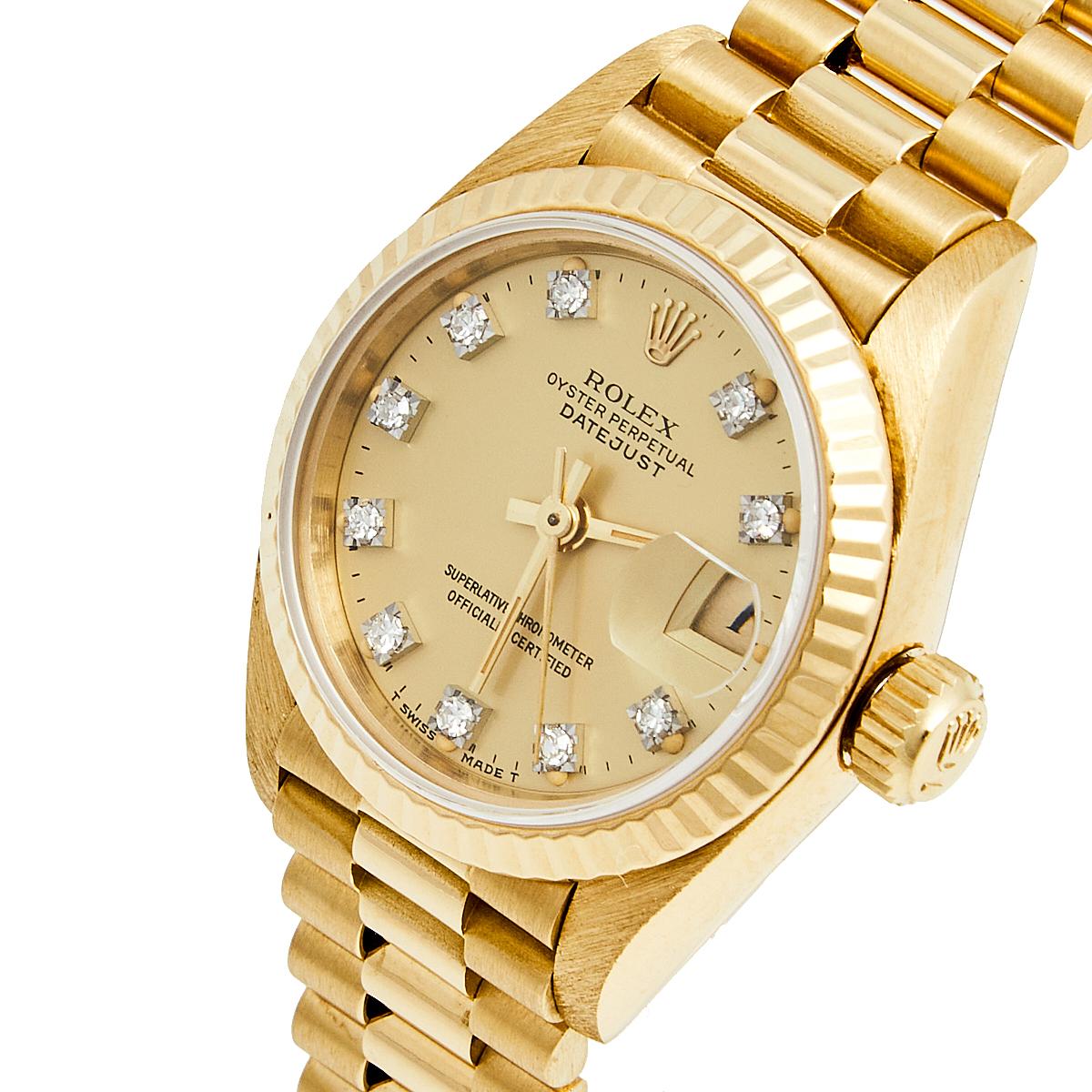 Rolex Champagne 18K Gold Diamond President Datejust Women's Wristwatch 26MM 1