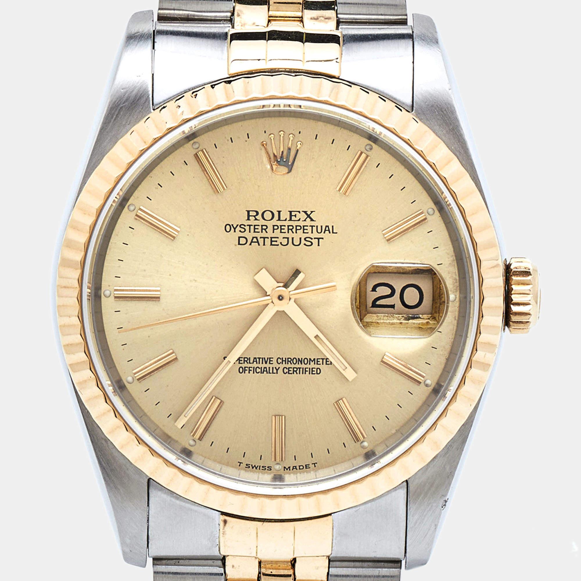 Rolex Champagne 18k Yellow Gold And Stainless Datejust Men's Wristwatch 36 mm For Sale 15