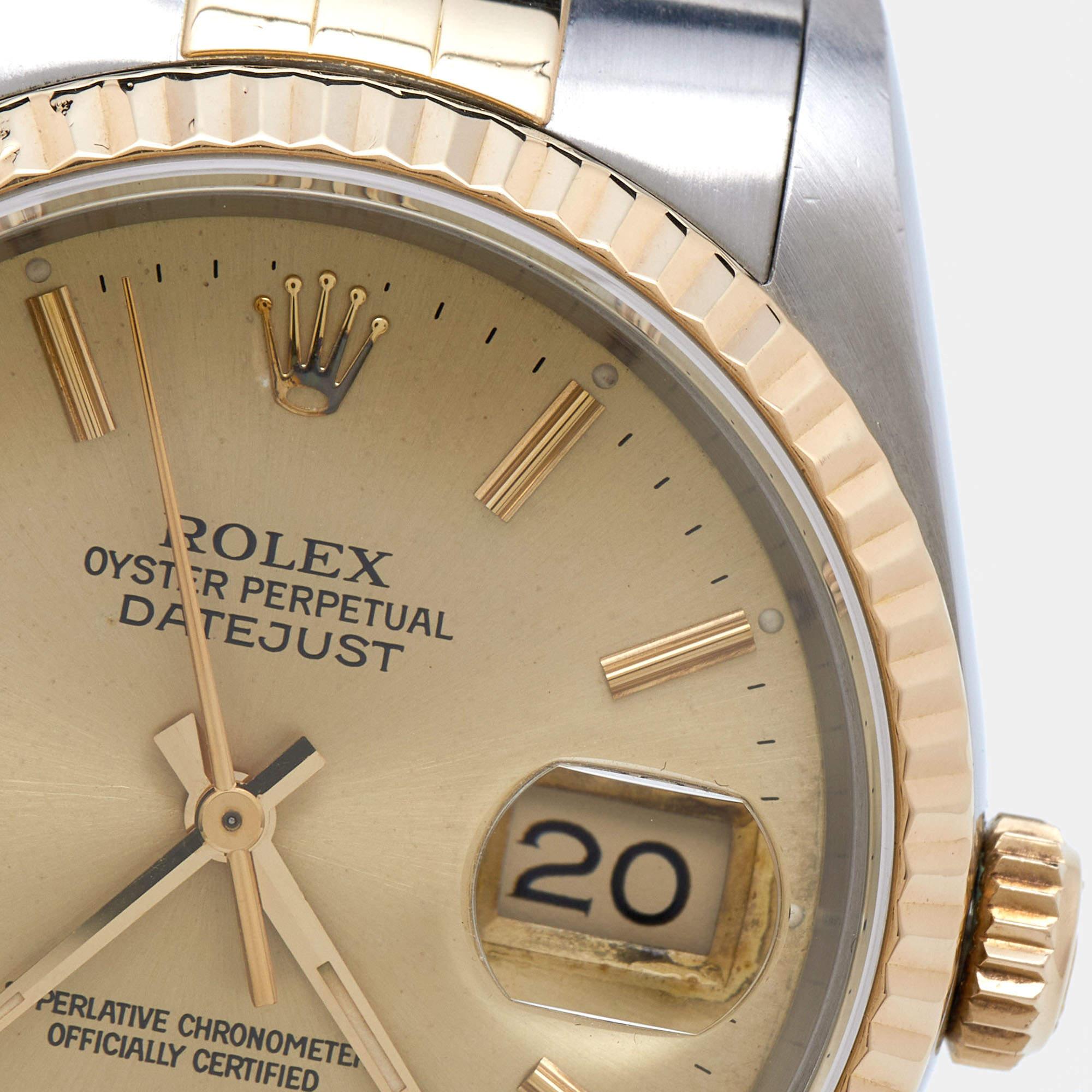 Rolex Champagne 18k Yellow Gold And Stainless Datejust Men's Wristwatch 36 mm For Sale 16