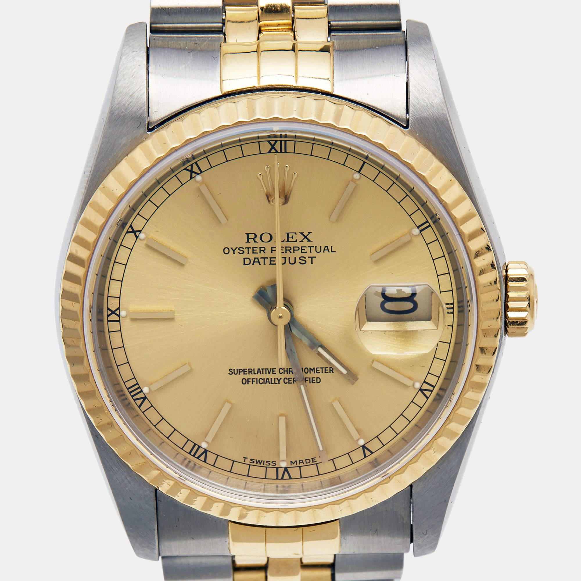 Rolex Champagne 18k Yellow Gold And Stainless Datejust Men's Wristwatch 36 mm In Fair Condition For Sale In Dubai, Al Qouz 2