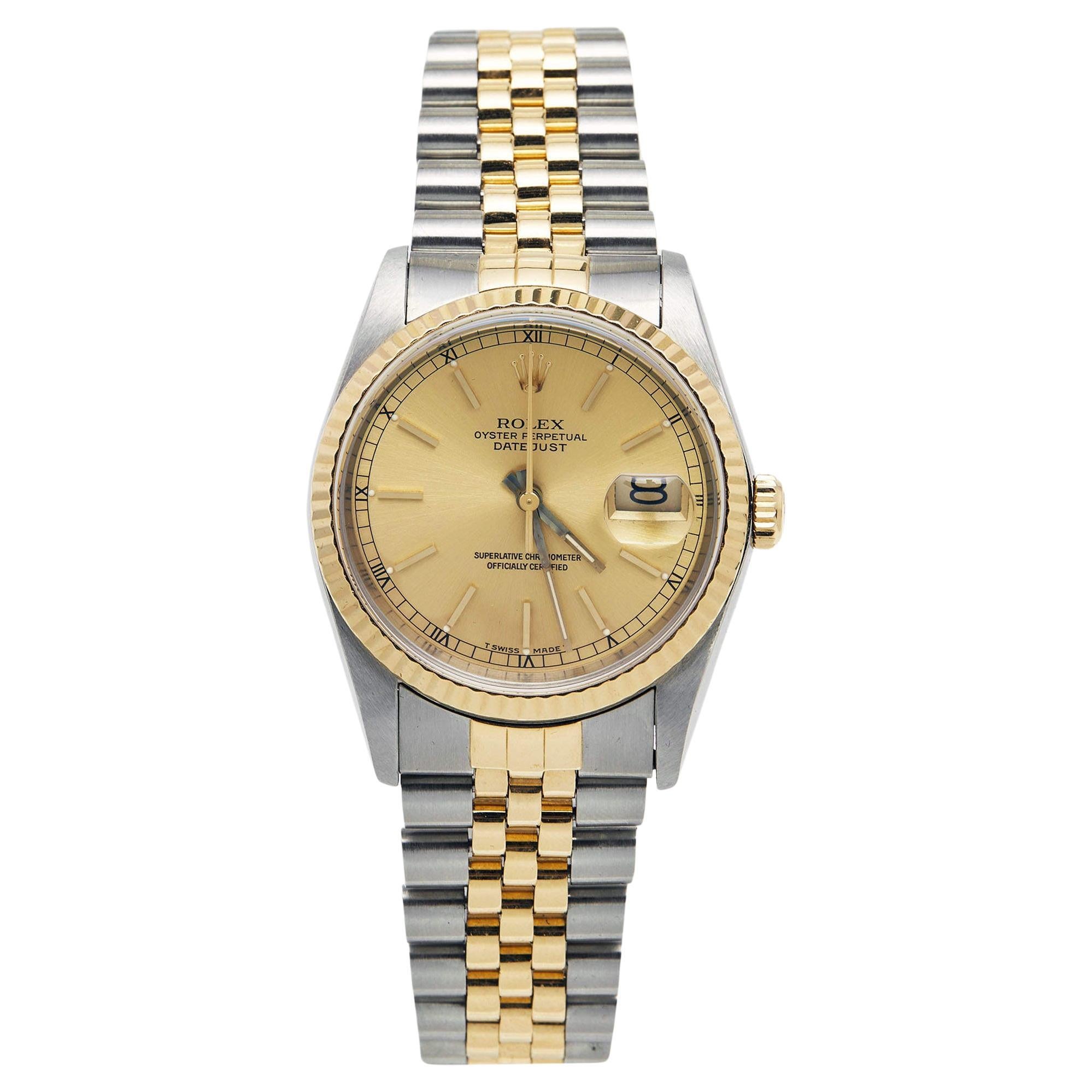 Rolex Champagne 18k Yellow Gold And Stainless Datejust Men's Wristwatch 36 mm For Sale