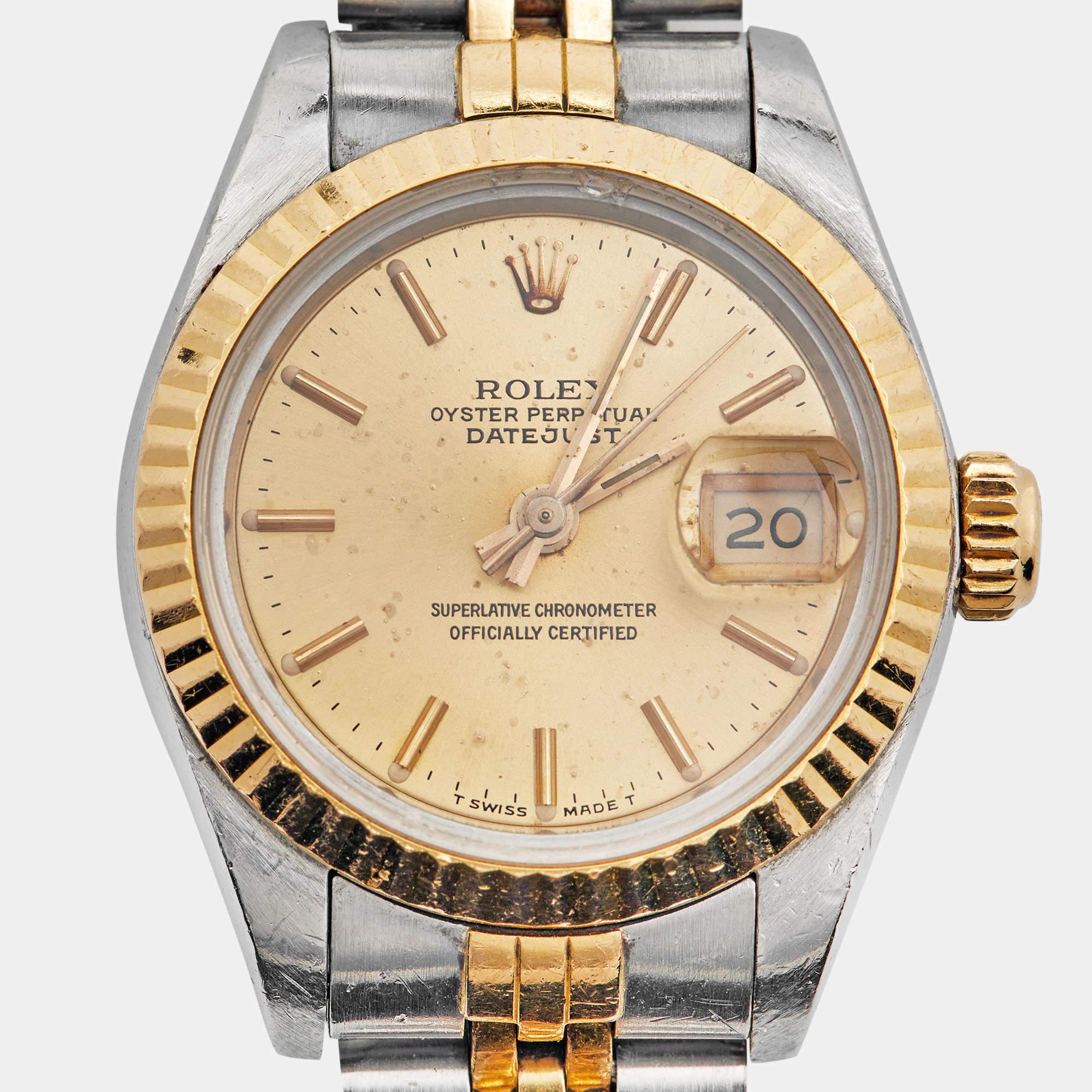 Rolex Montre-bracelet Datejust pour femme Champagne en or jaune 18 carats et acier inoxydable 26 mm en vente 1