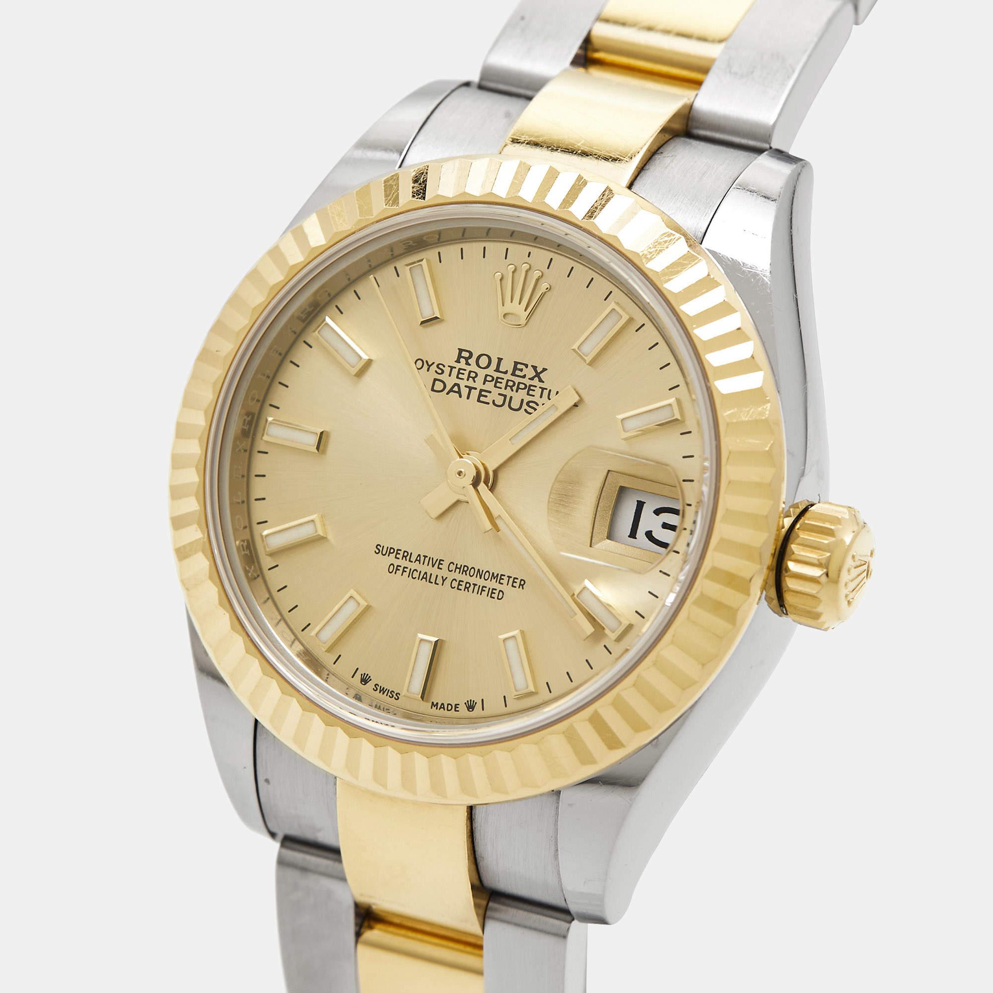 This beautiful Rolex Datejust for women will be a fine investment. Crafted using stainless steel and 18k yellow gold, the automatic watch features a champagne dial set with index hour markers, a date window, and three hands. Iconic, comfortable, and