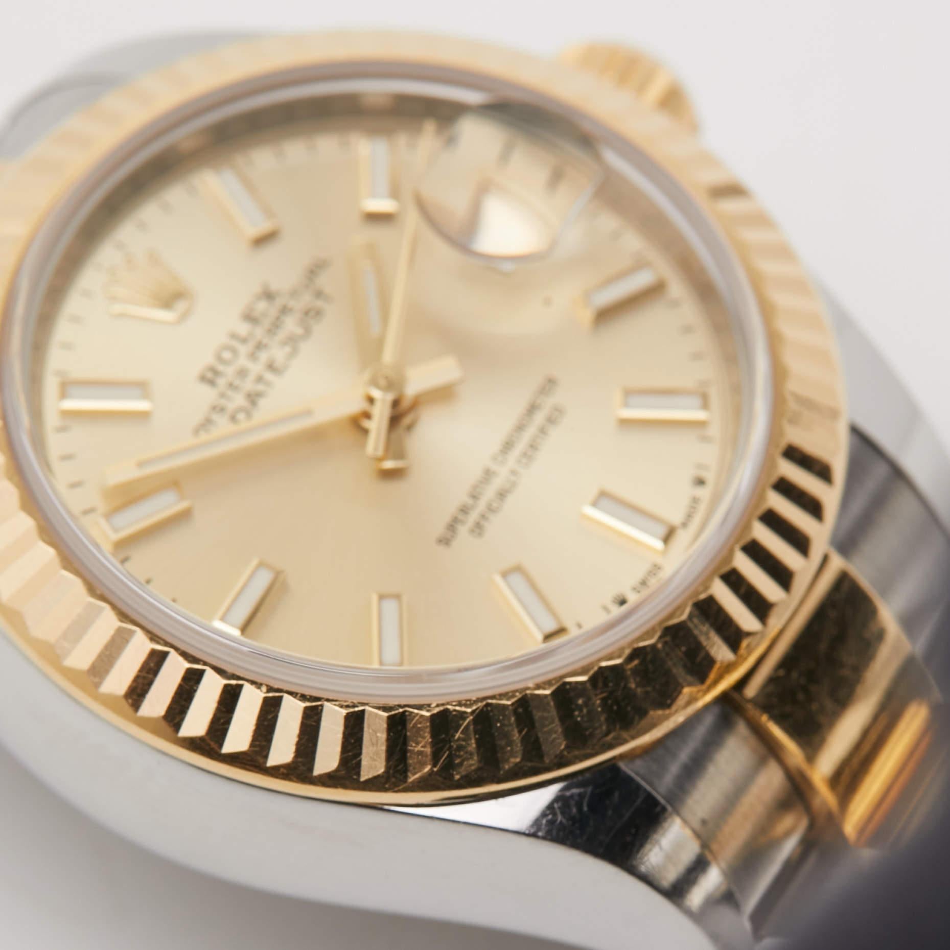 This beautiful Rolex Datejust for women will be a fine investment. Crafted using stainless steel and 18k yellow gold, the automatic watch features a champagne dial set with index hour markers, a date window, and three hands. Iconic, comfortable, and