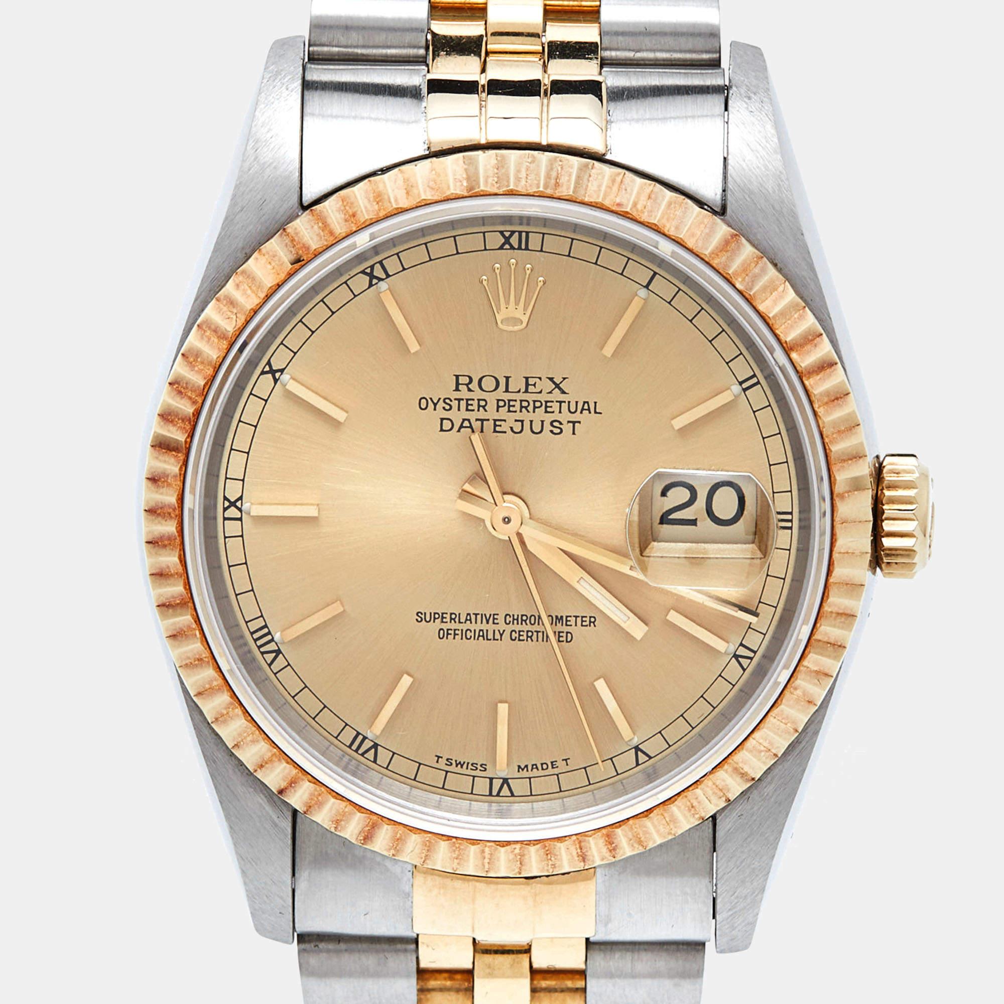 Rolex Champagne 18k Yellow Gold Stainless Steel Datejust Men's Wristwatch 36 mm 11