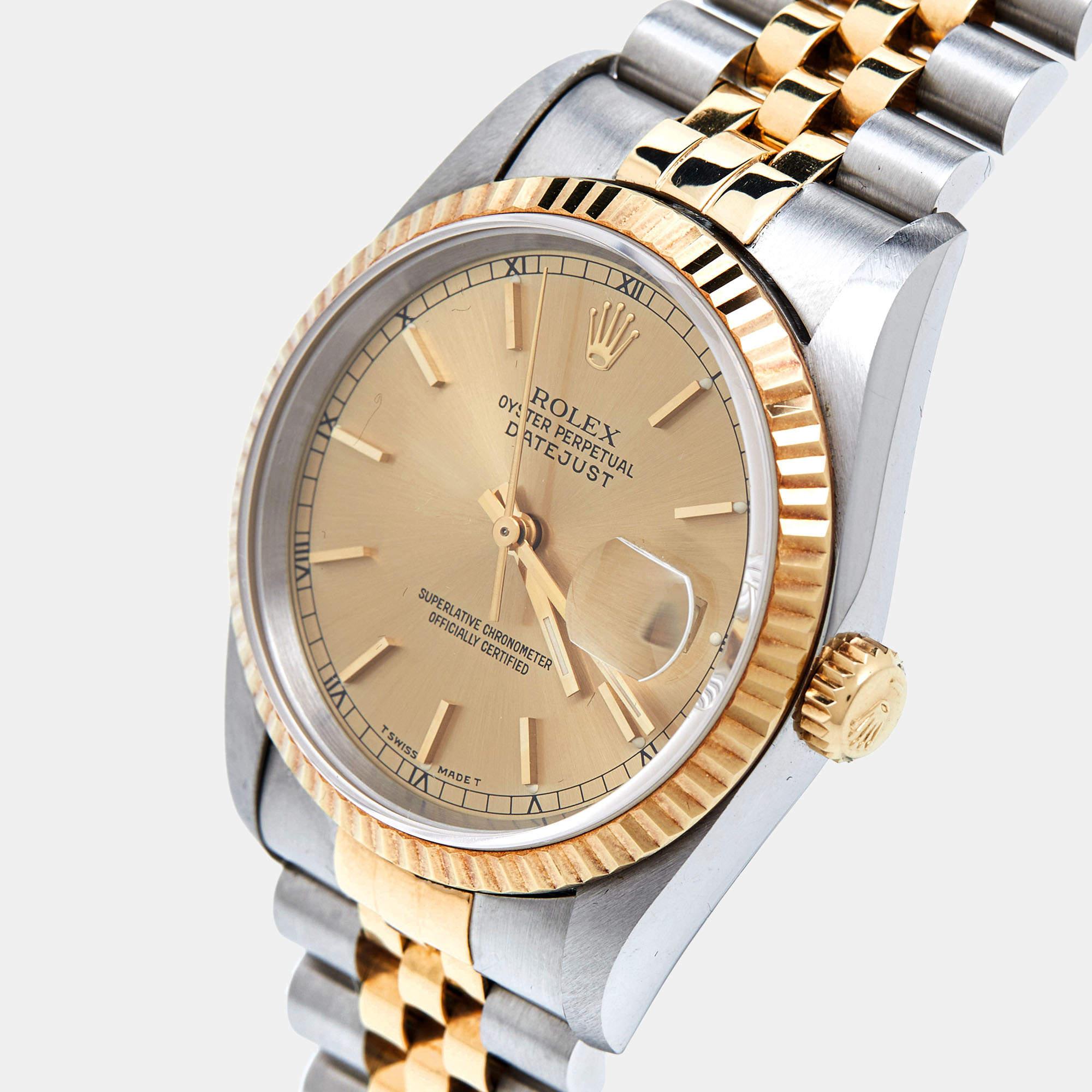 Rolex Champagne 18k Yellow Gold Stainless Steel Datejust Men's Wristwatch 36 mm 12