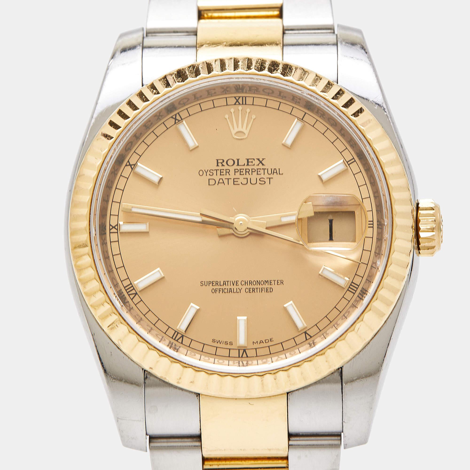 This beautiful Rolex Datejust for women will be a fine investment. Crafted using stainless steel and 18k yellow gold, the automatic watch features a champagne dial set with index hour markers, a date window, and three hands. Iconic, comfortable, and