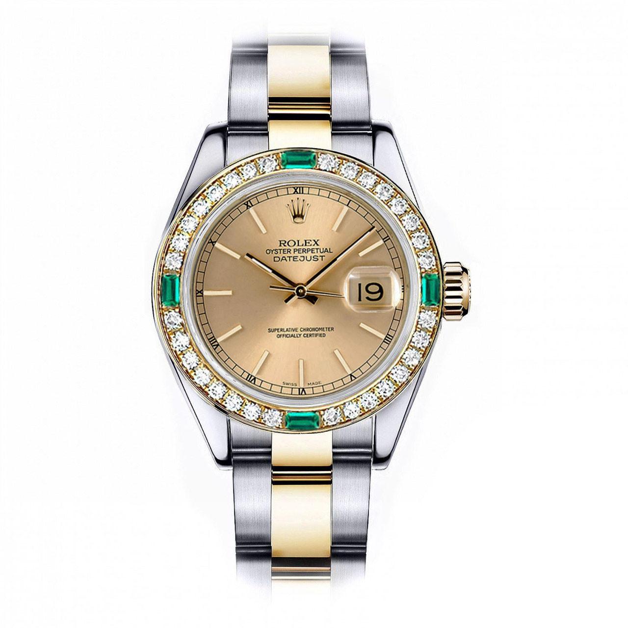 Rolex Montre Datejust à cadran champagne 31 mm avec lunette diamant/émeraude bicolore Excellent état - En vente à New York, NY